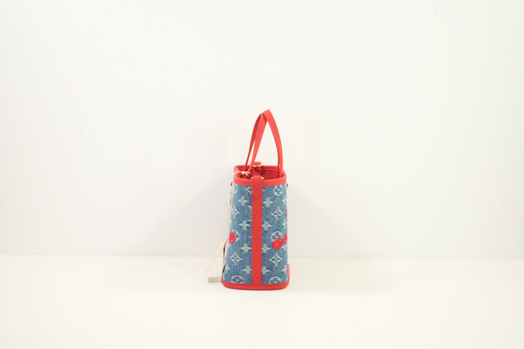 Louis Vuitton x Takashi Murakami Monogram Denim Cerises Neverfull Inside Out BB , Full Set W/Bag