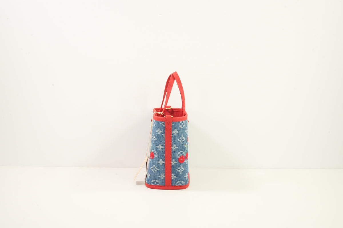Louis Vuitton x Takashi Murakami Monogram Denim Cerises Neverfull Inside Out BB , Full Set W/Bag
