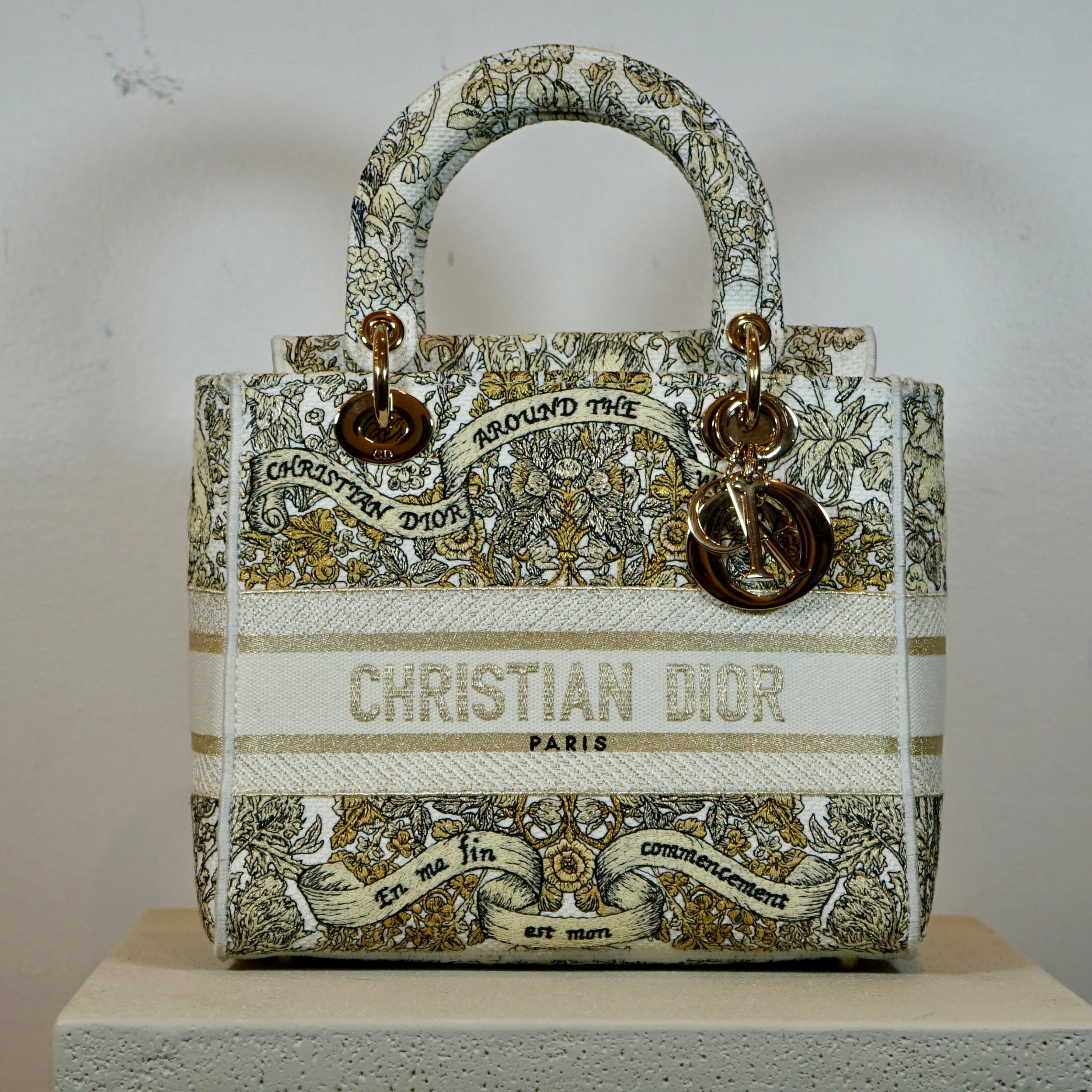 Christian Dior Latte Embroidery Around The World Motif Medium Lady Dior