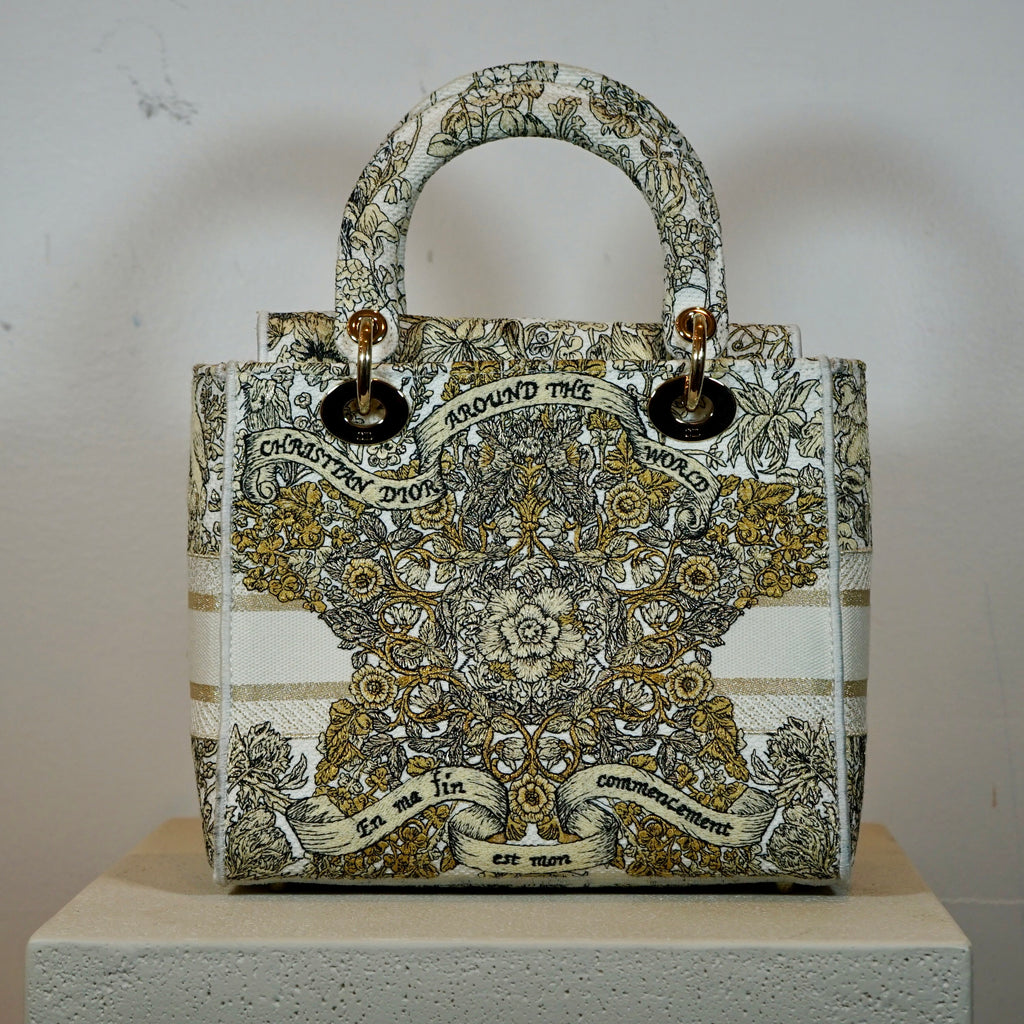 Christian Dior Latte Embroidery Around The World Motif Medium Lady Dior
