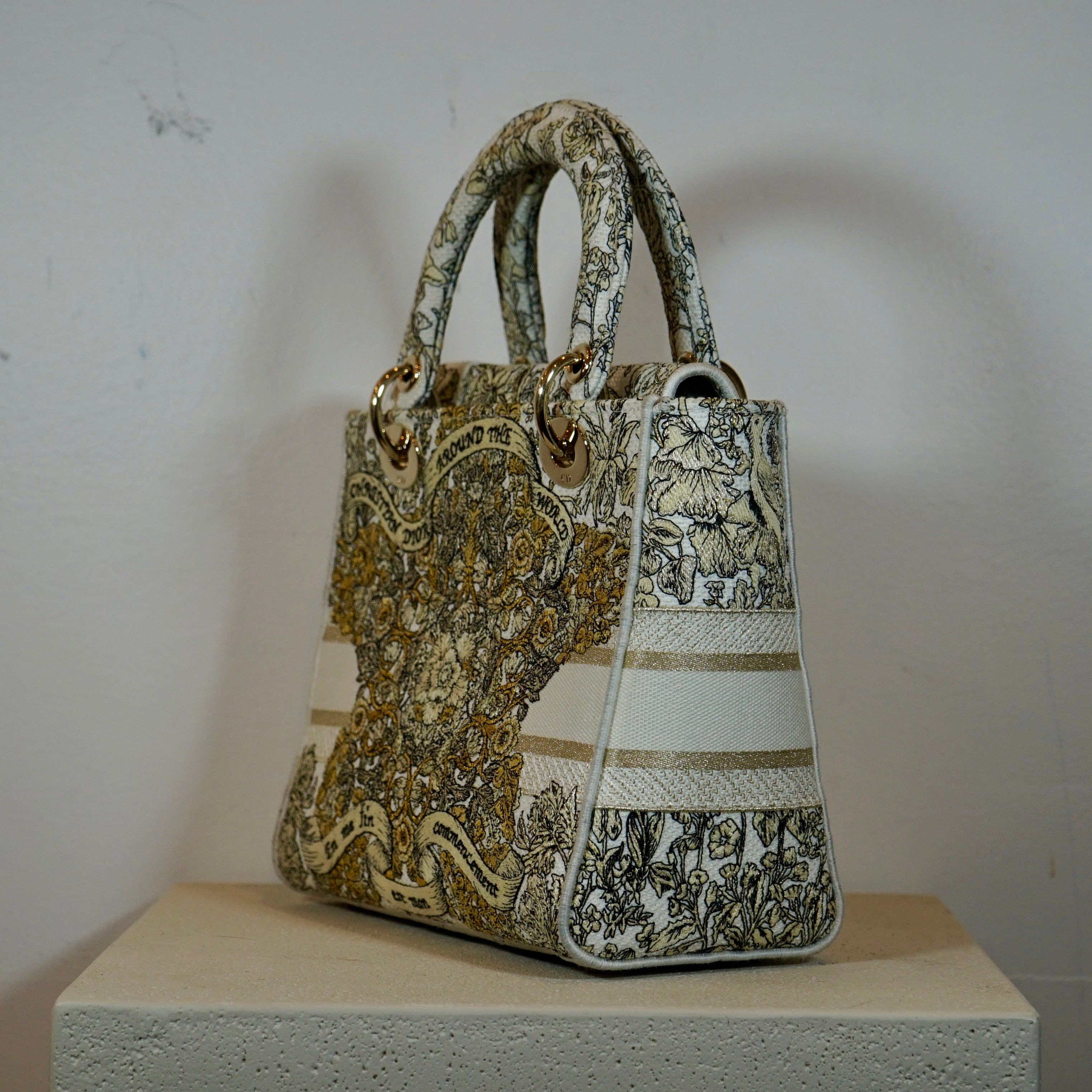 Christian Dior Latte Embroidery Around The World Motif Medium Lady Dior
