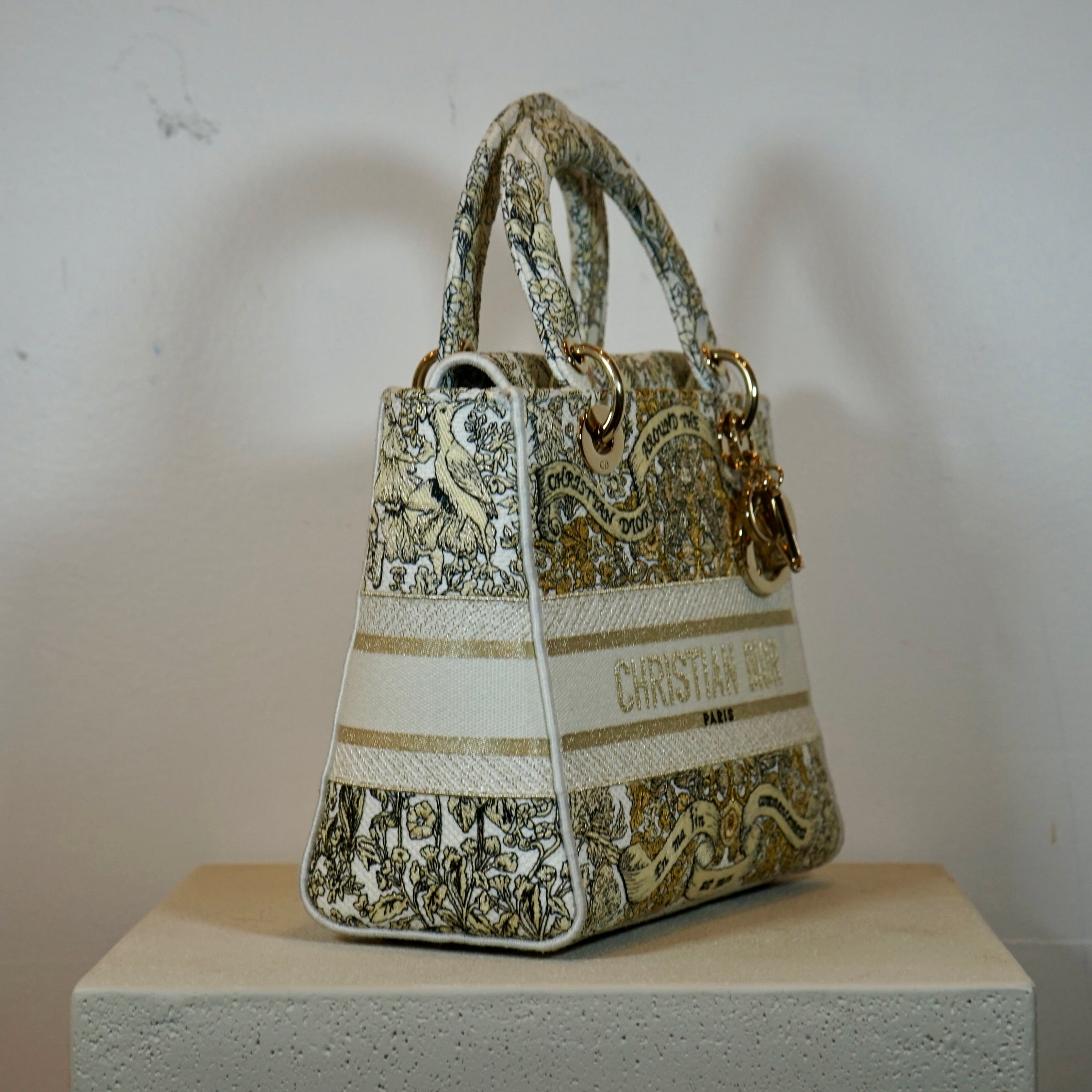 Christian Dior Latte Embroidery Around The World Motif Medium Lady Dior