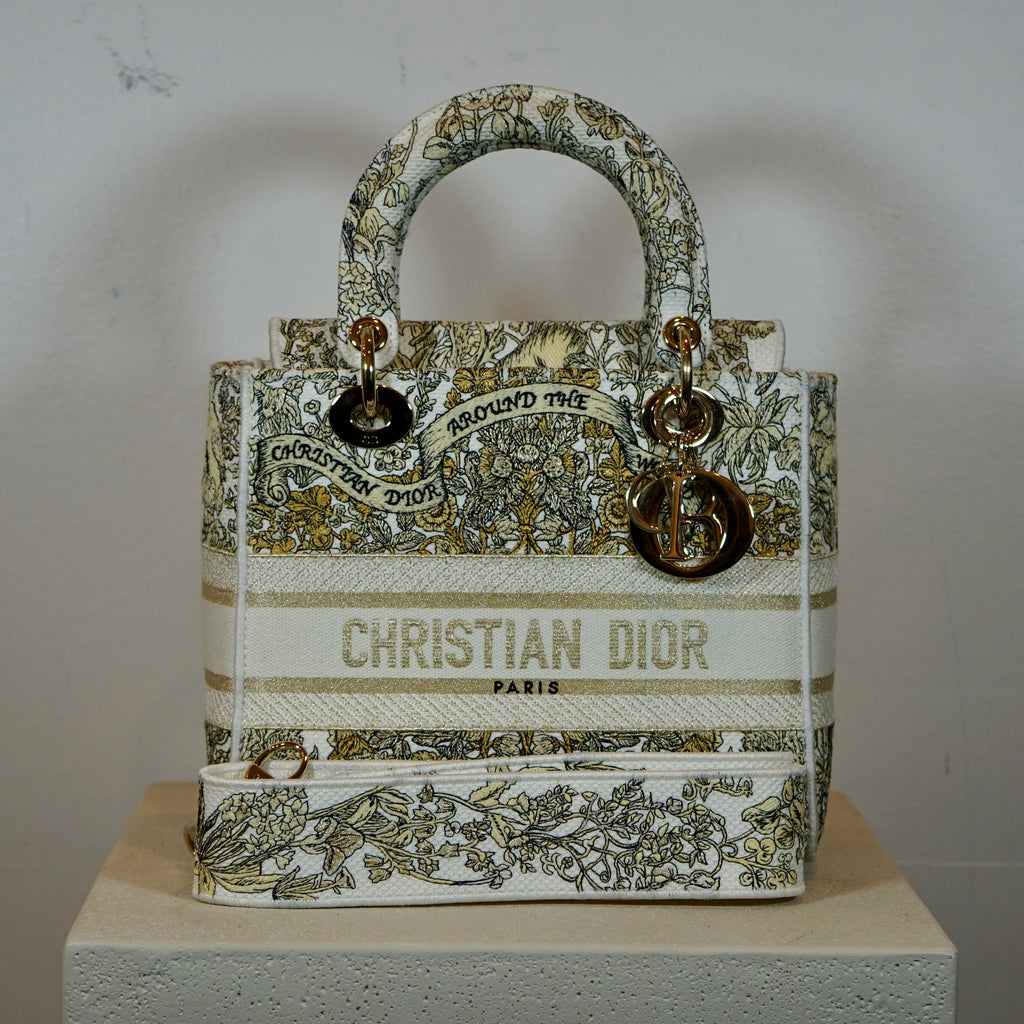 Christian Dior Latte Embroidery Around The World Motif Medium Lady Dior