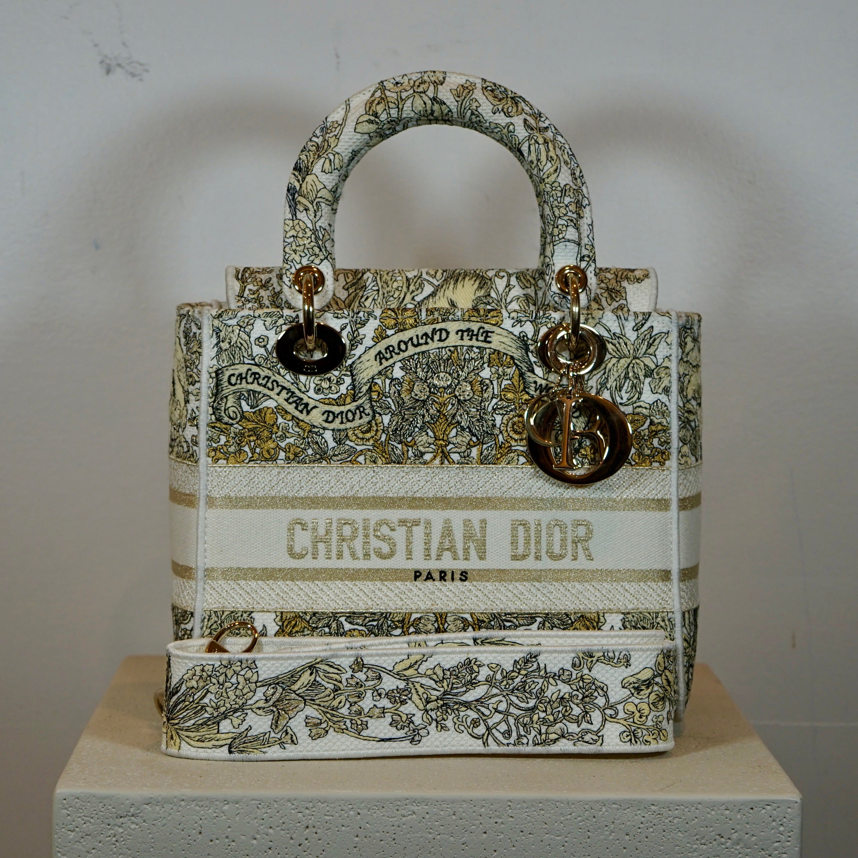 Christian Dior Latte Embroidery Around The World Motif Medium Lady Dior