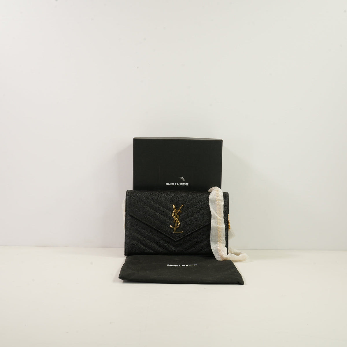 Saint Laurent Black Cassandre Matelasse Chain Wallet, Full Set