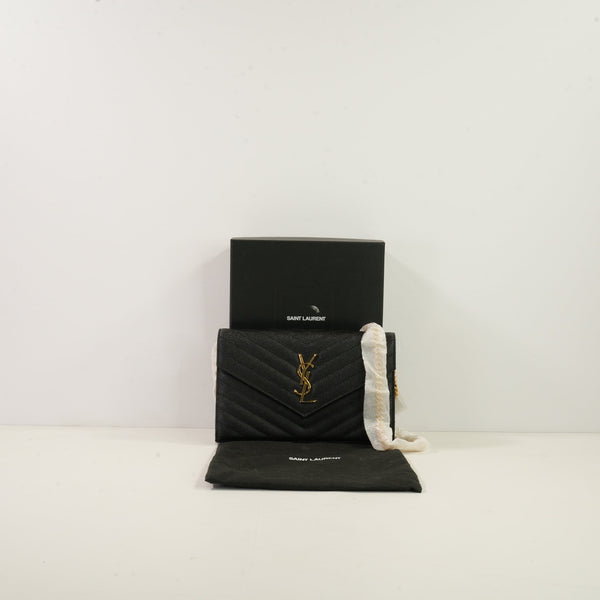 Saint Laurent Black Cassandre Matelasse Chain Wallet, Full Set