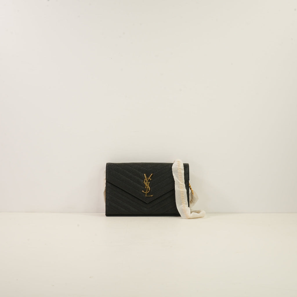 Saint Laurent Black Cassandre Matelasse Chain Wallet, Full Set