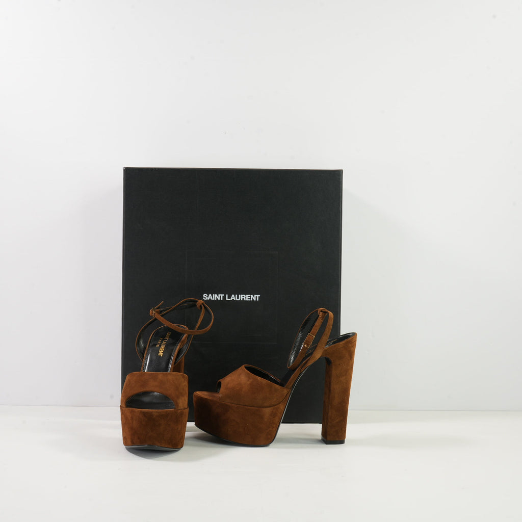 Saint Laurent Jodie 95 Suede Platform Sandals, W/Box. 36.5