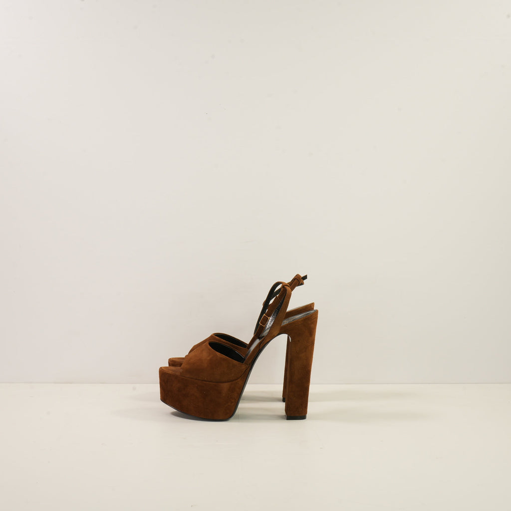 Saint Laurent Jodie 95 Suede Platform Sandals, W/Box. 36.5
