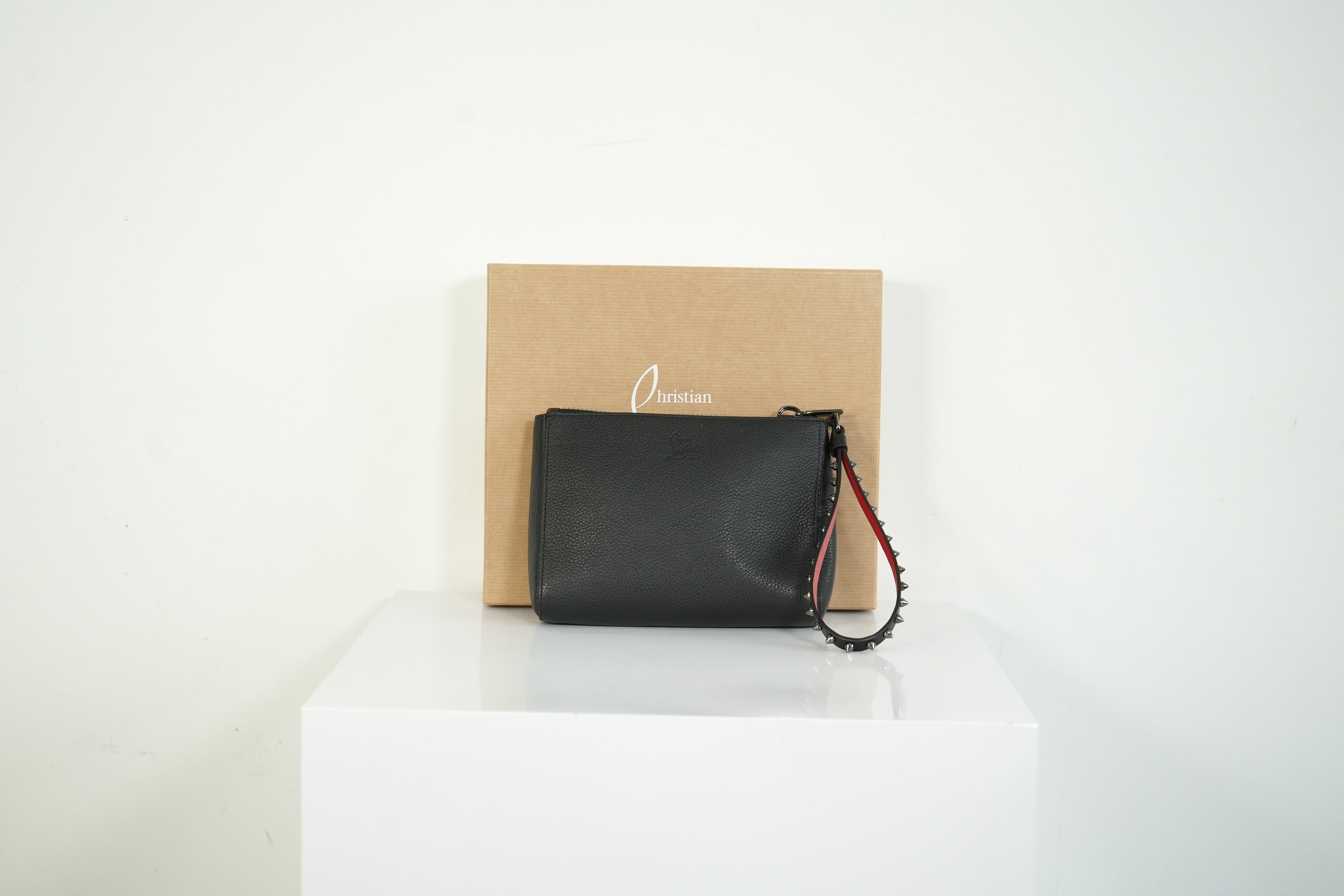 Christian Louboutin Loubifunk Black Leather Spiked Wristlet Clutch Pouch