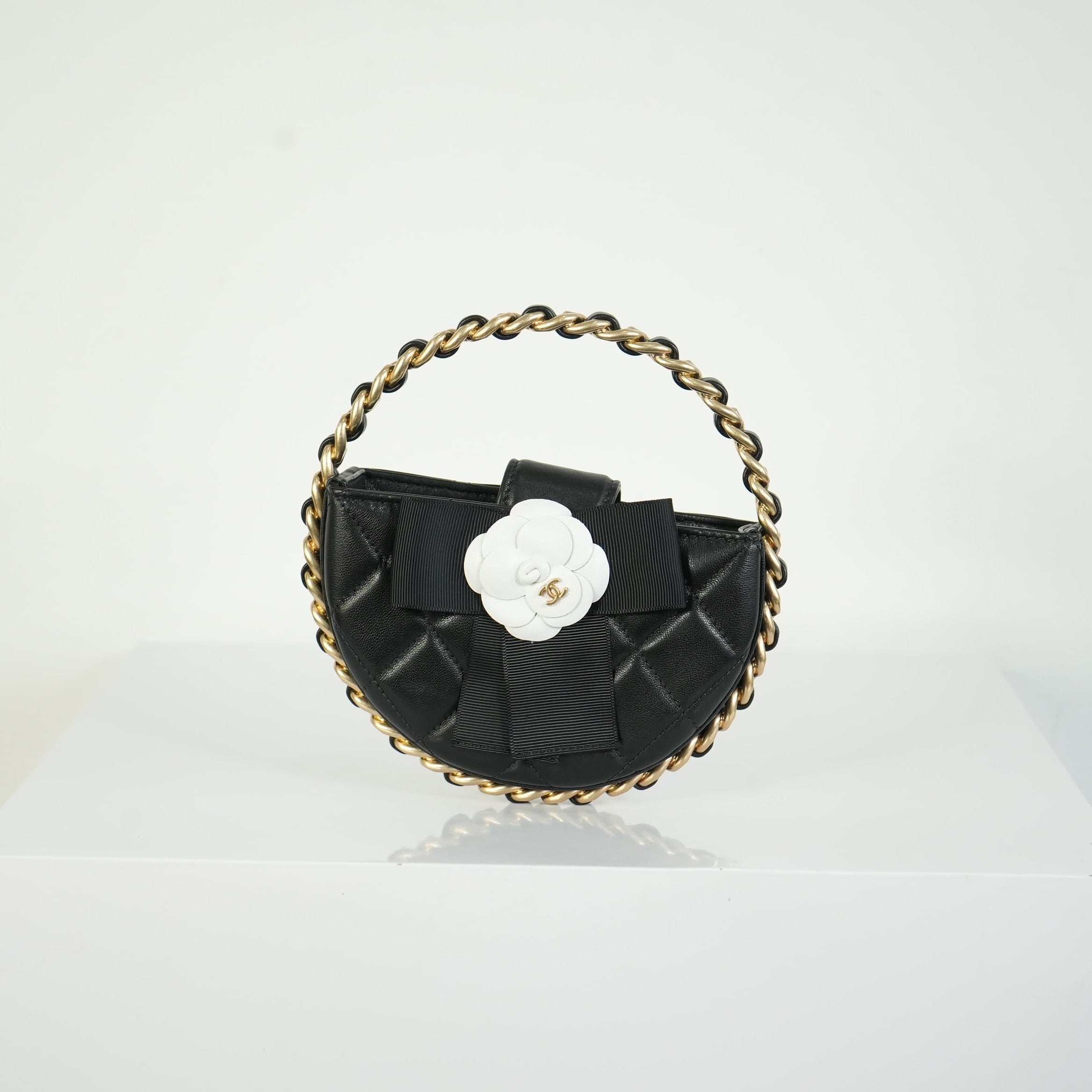 Chanel Lambskin Black Quilted RND Camellia Mini Clutch