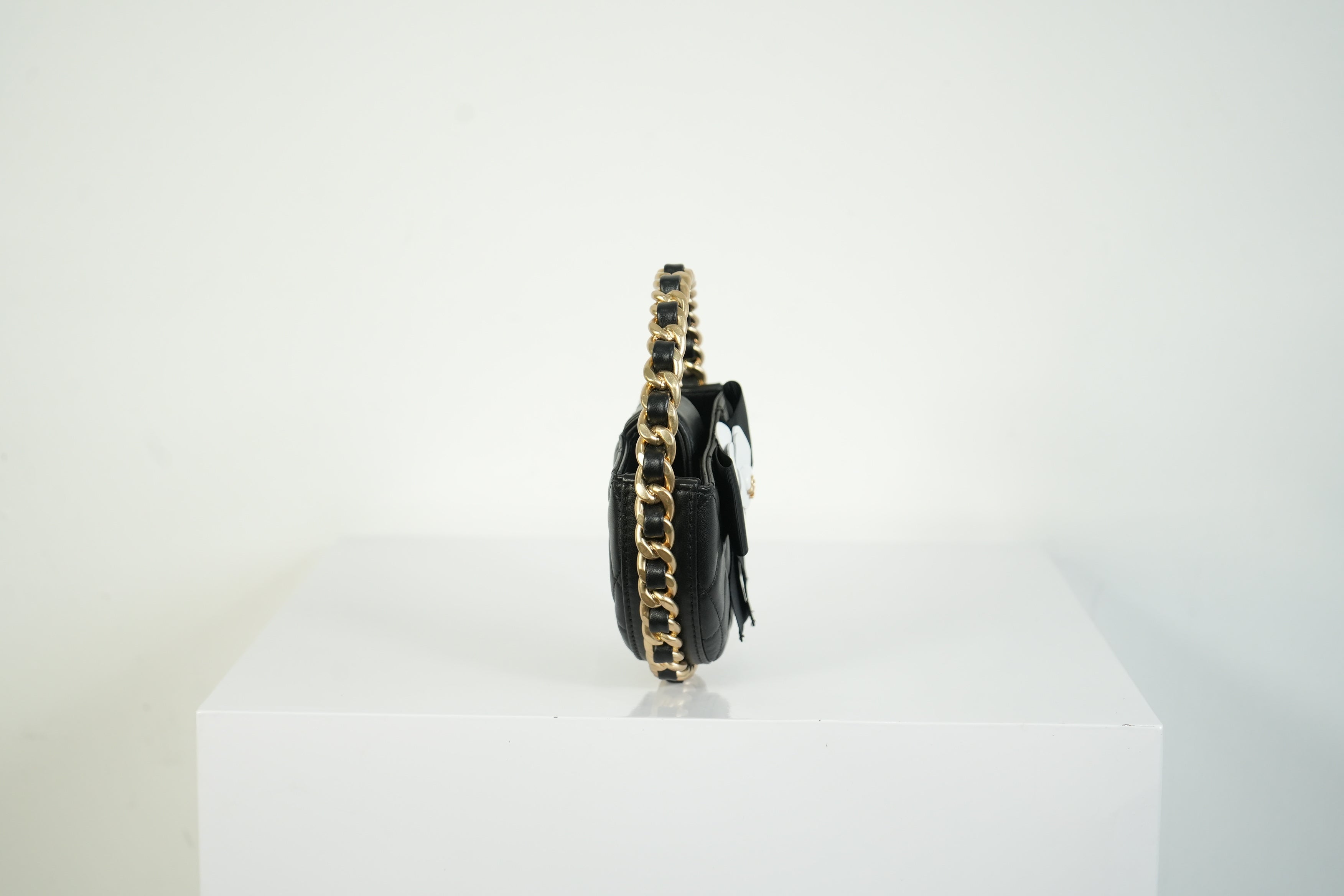 Chanel Lambskin Black Quilted RND Camellia Mini Clutch
