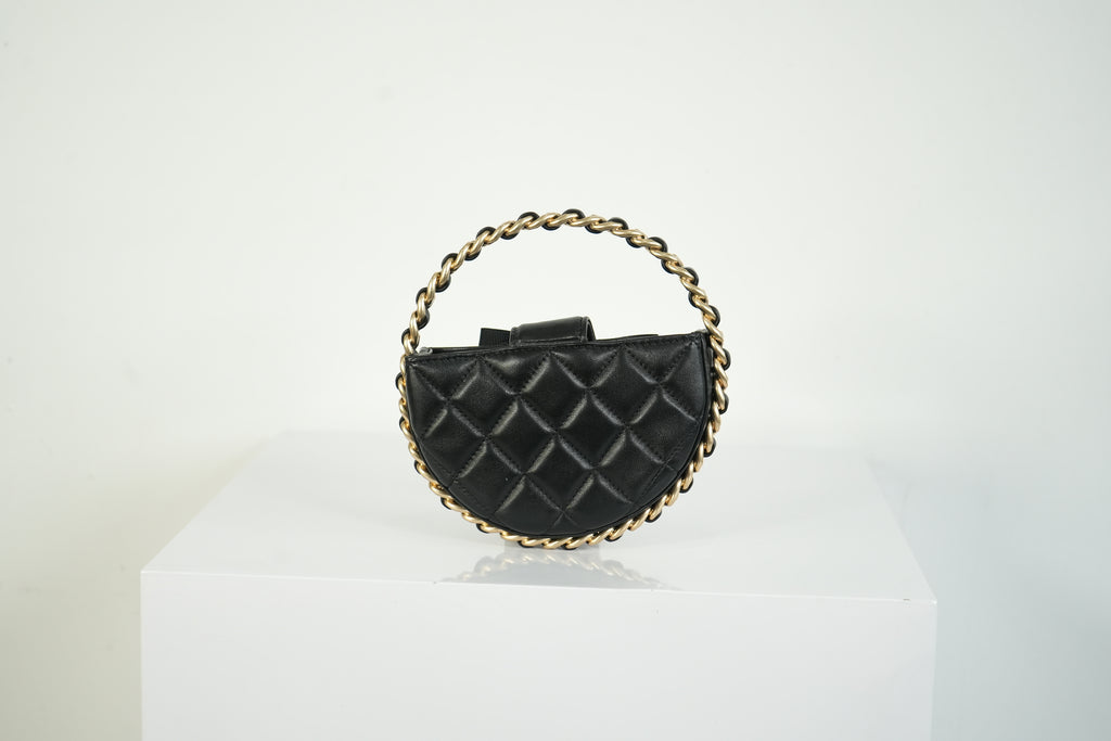 Chanel Lambskin Black Quilted RND Camellia Mini Clutch