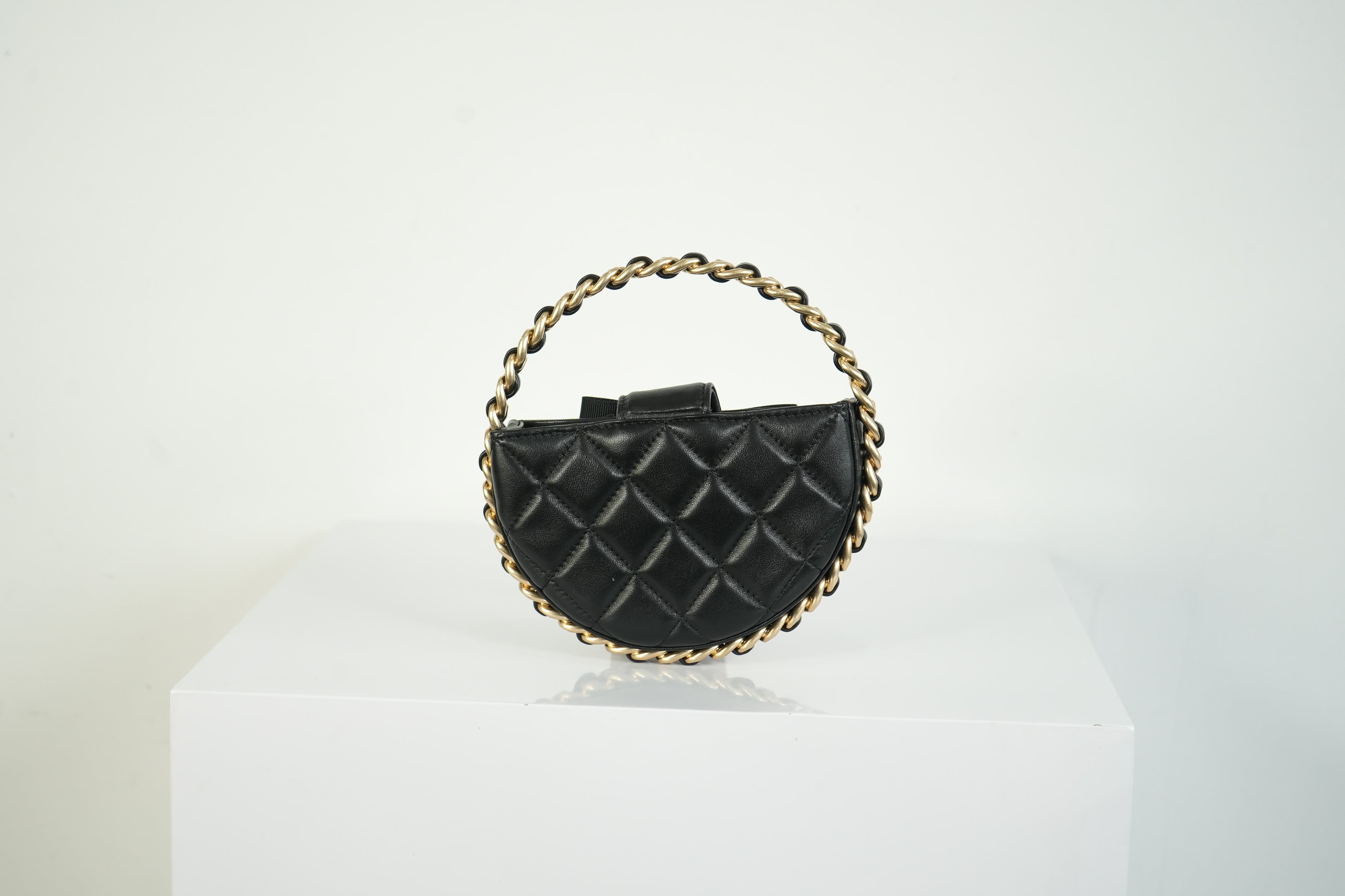 Chanel Lambskin Black Quilted RND Camellia Mini Clutch