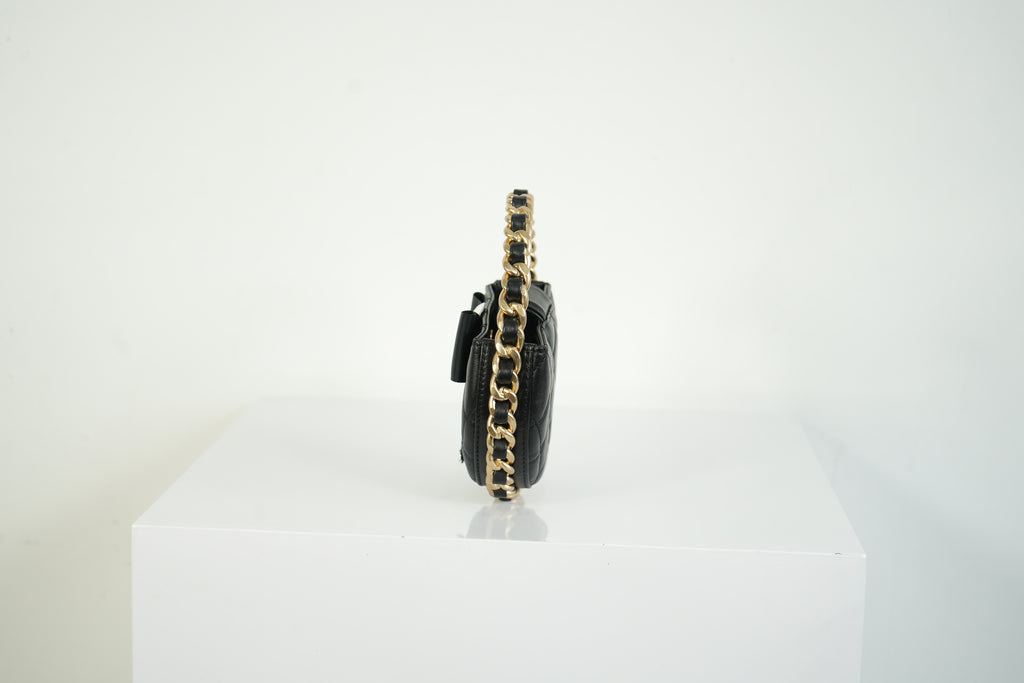 Chanel Lambskin Black Quilted RND Camellia Mini Clutch