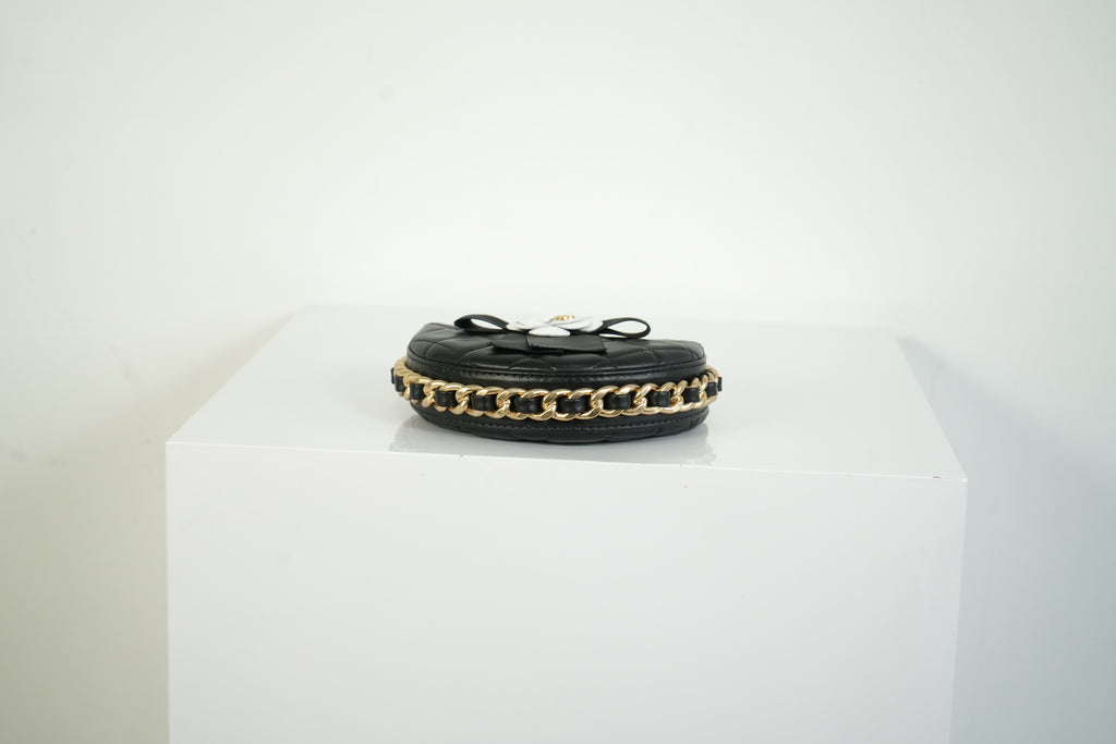 Chanel Lambskin Black Quilted RND Camellia Mini Clutch