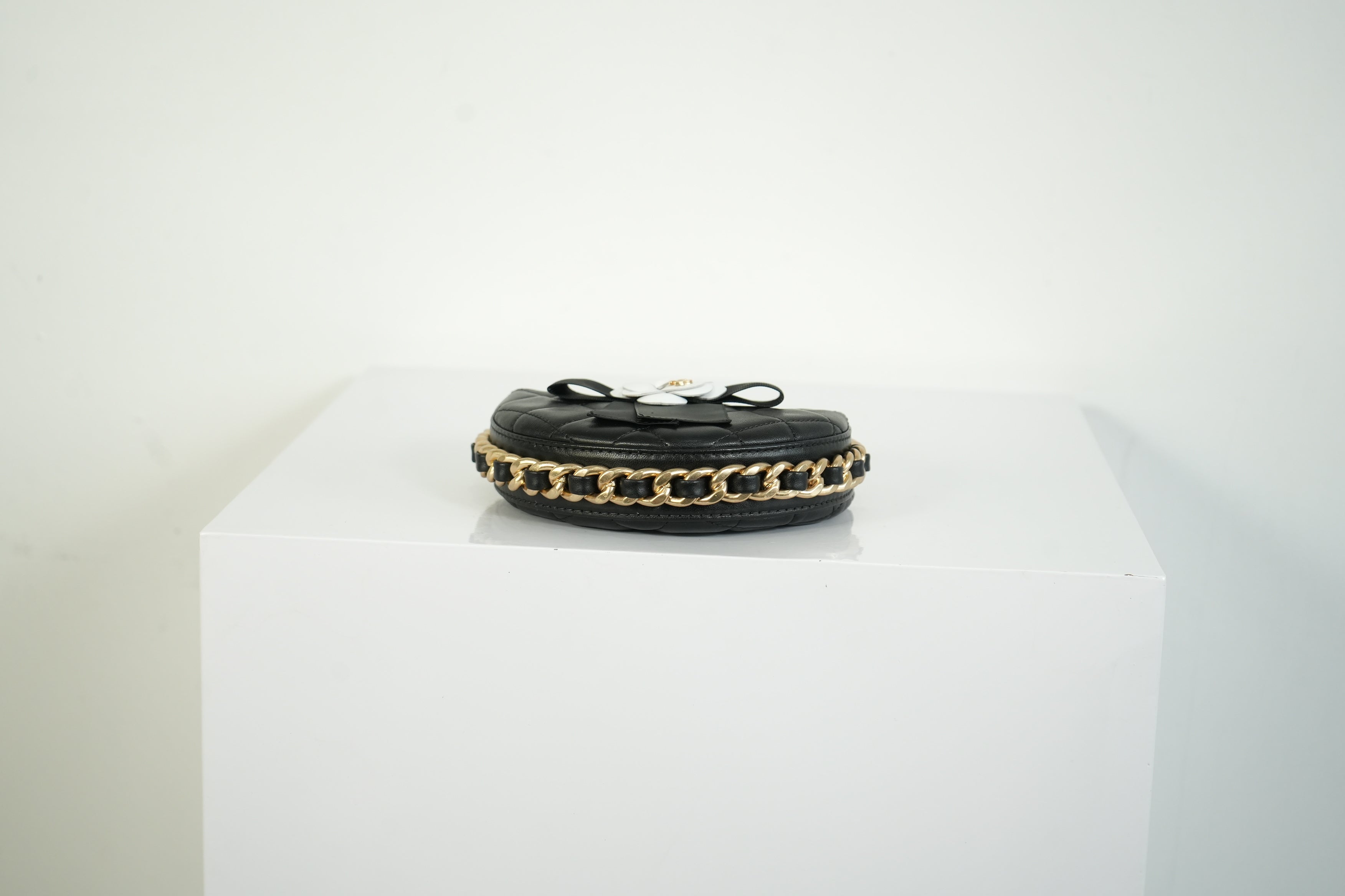 Chanel Lambskin Black Quilted RND Camellia Mini Clutch