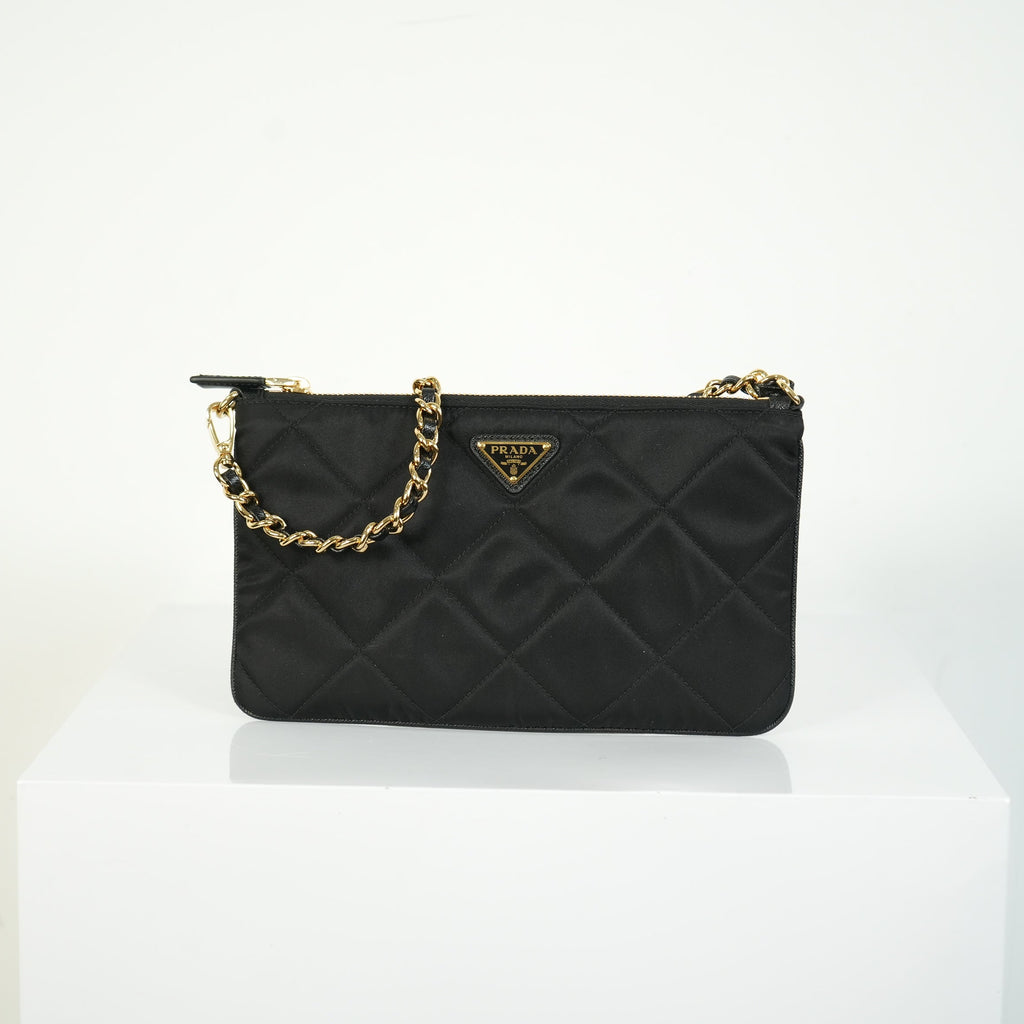 Prada Quilted Nylon Wallet On Chain Bag Black Triangle Logo Clutch