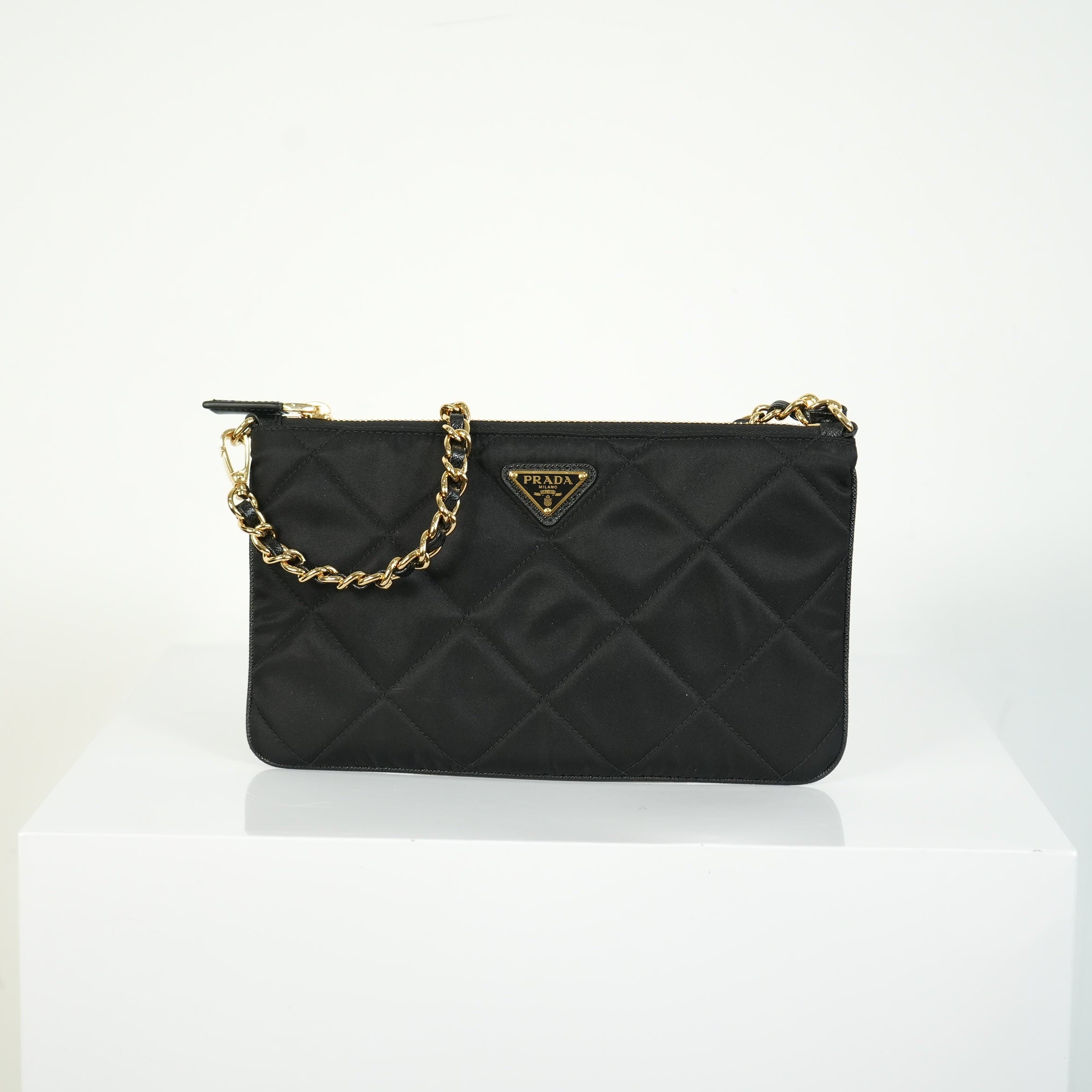 Prada Quilted Nylon Wallet On Chain Bag Black Triangle Logo Clutch