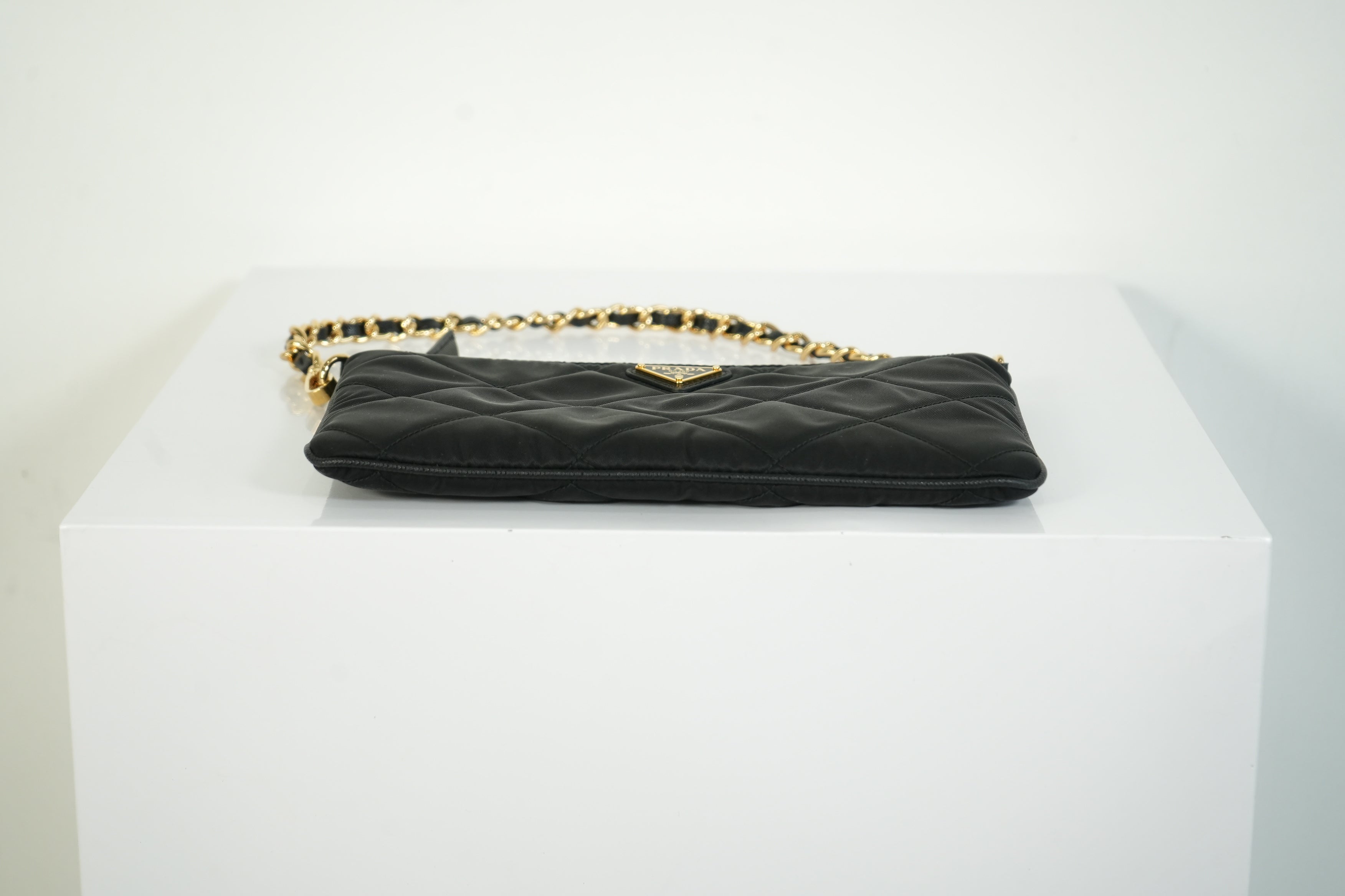 Prada Quilted Nylon Wallet On Chain Bag Black Triangle Logo Clutch