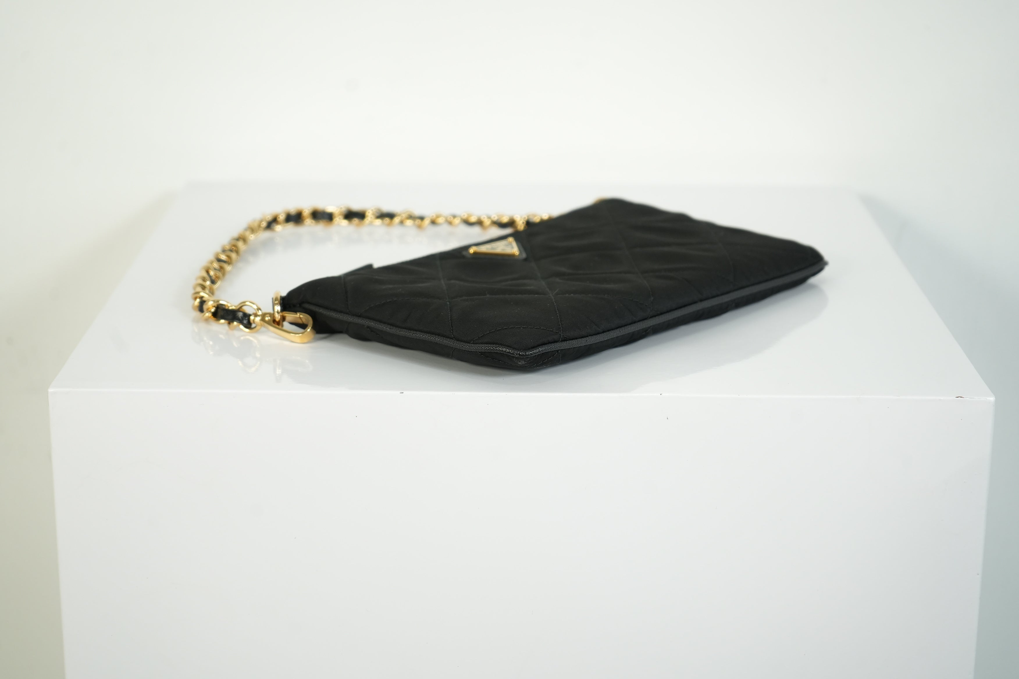 Prada Quilted Nylon Wallet On Chain Bag Black Triangle Logo Clutch