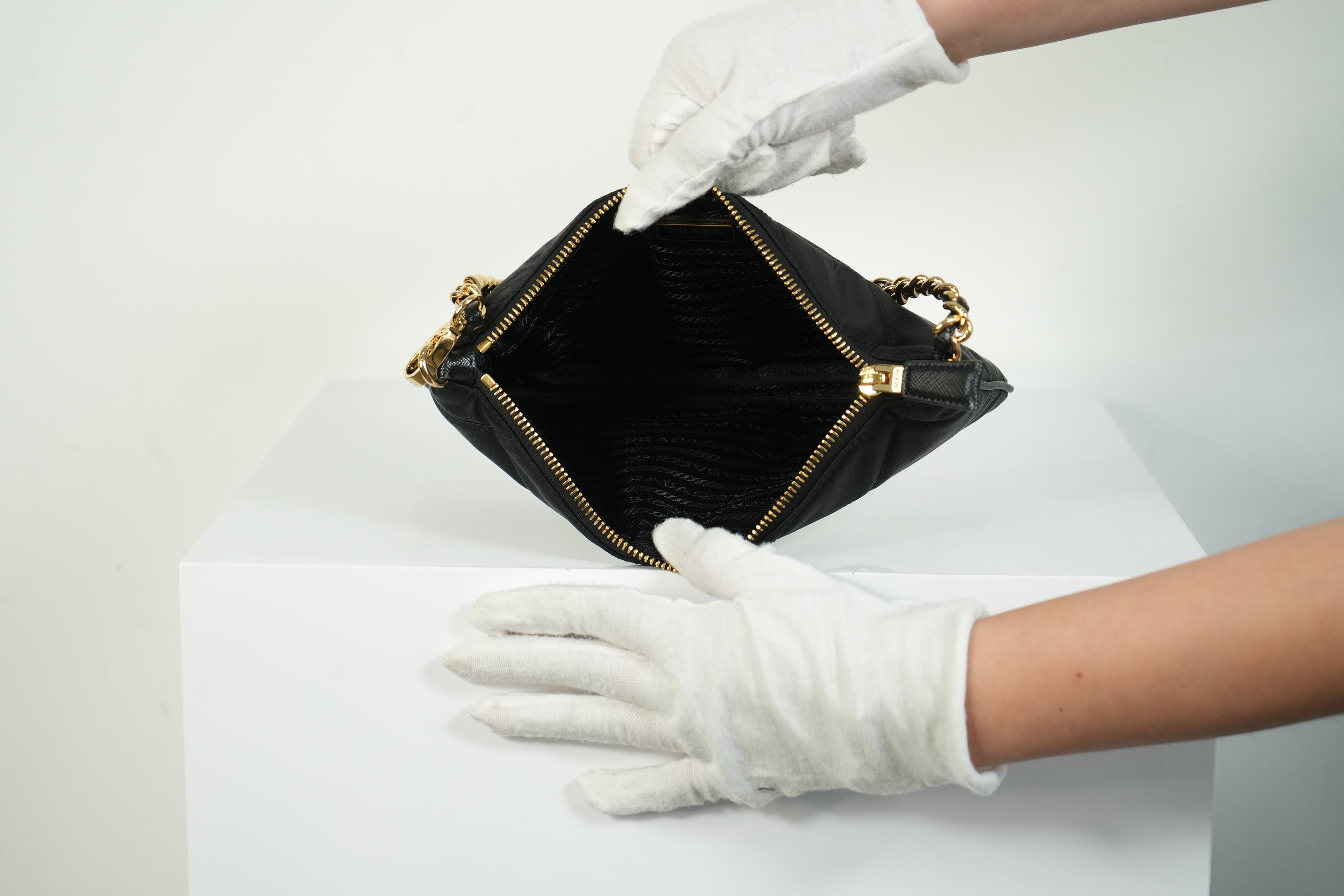 Prada Quilted Nylon Wallet On Chain Bag Black Triangle Logo Clutch