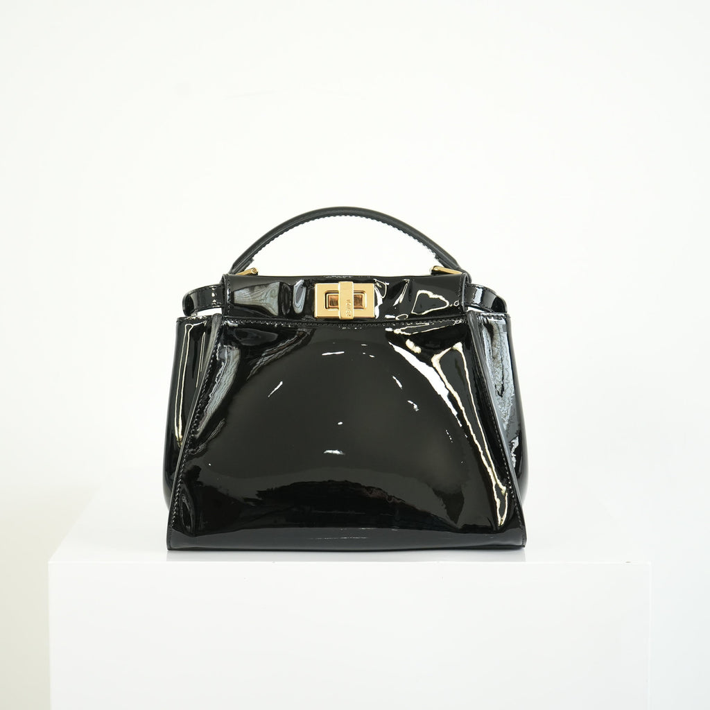 Fendi Mini Peekaboo Black Patent Leather Handbag Gold Hardware