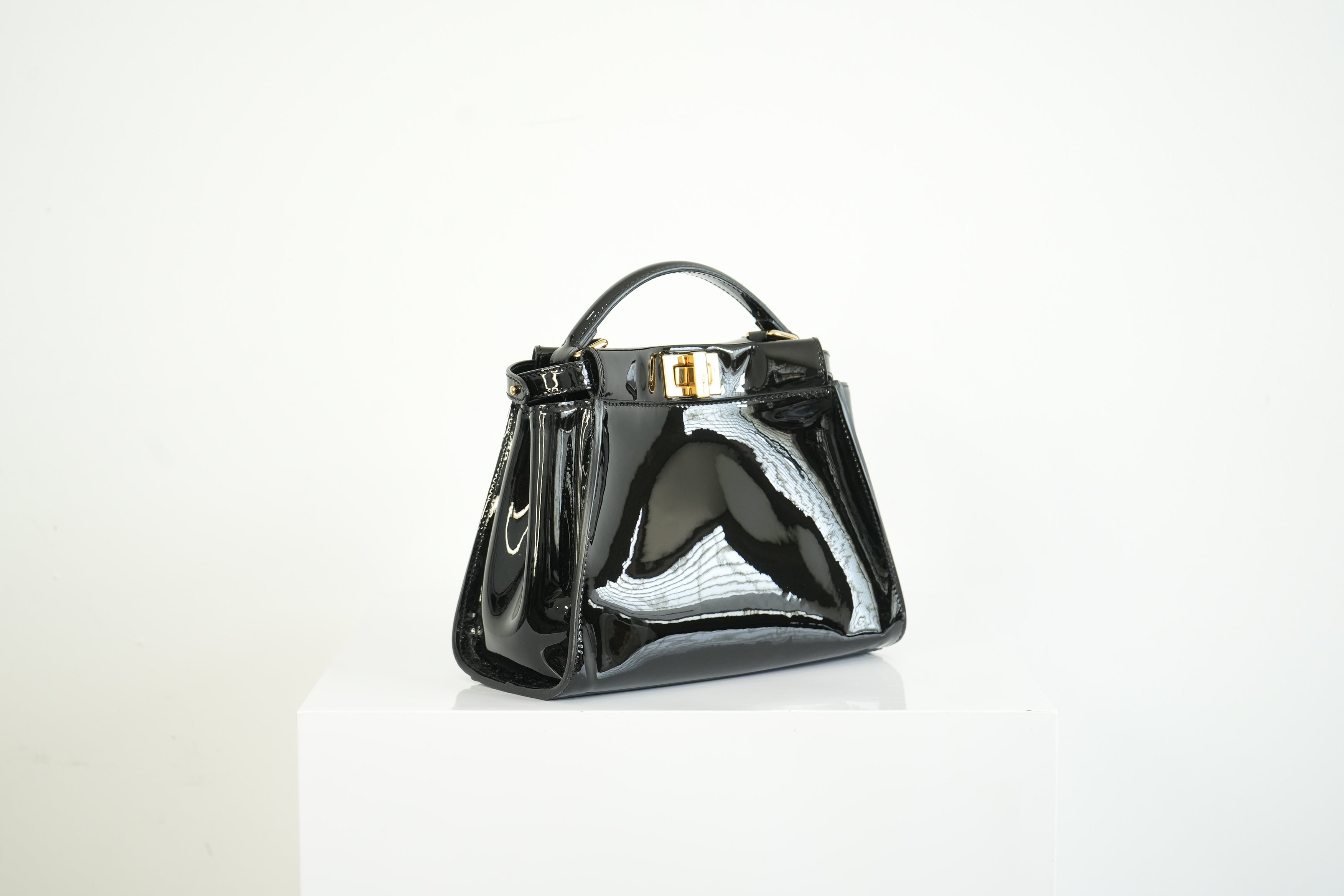 Fendi Mini Peekaboo Black Patent Leather Handbag Gold Hardware