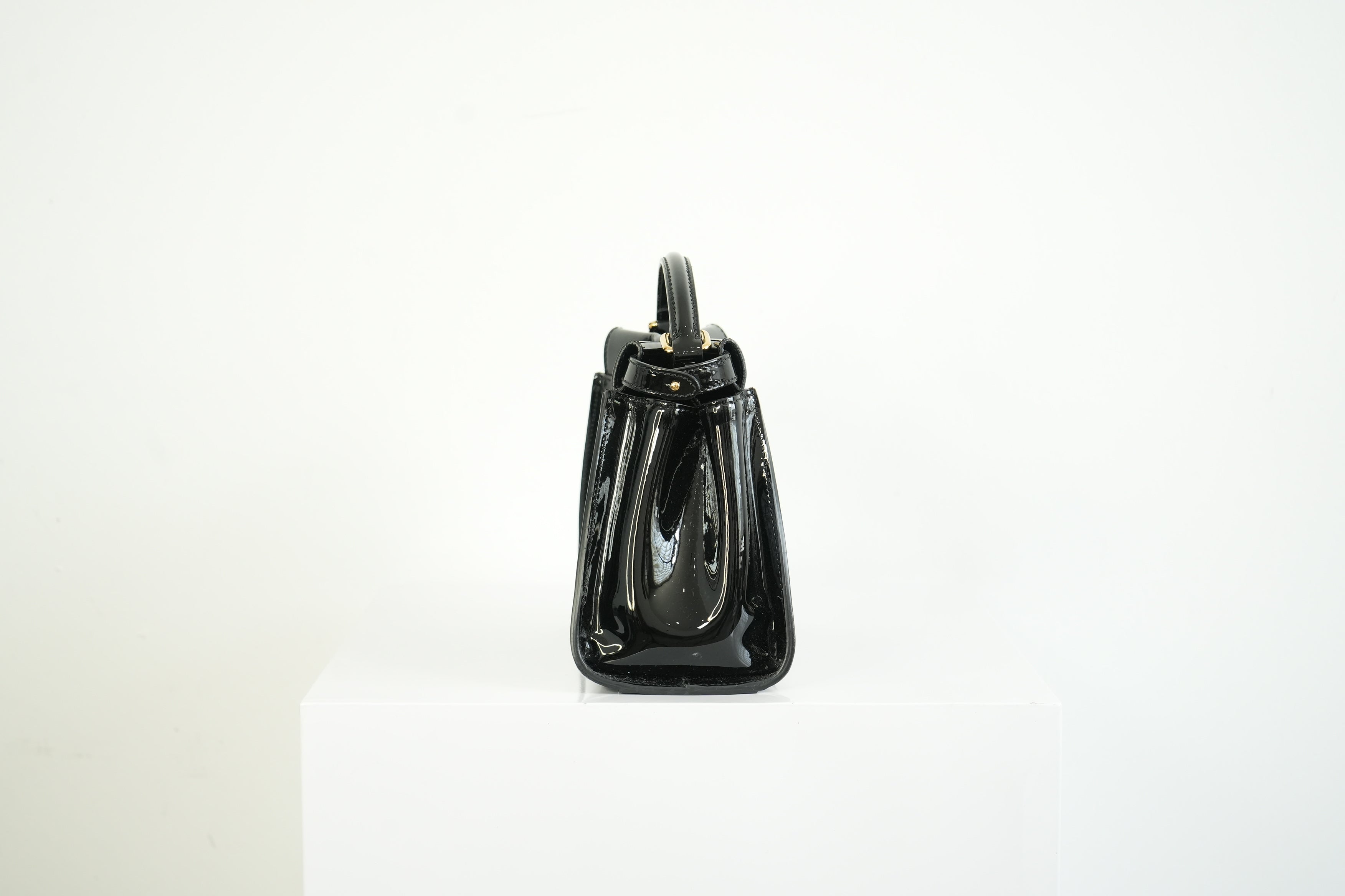 Fendi Mini Peekaboo Black Patent Leather Handbag Gold Hardware