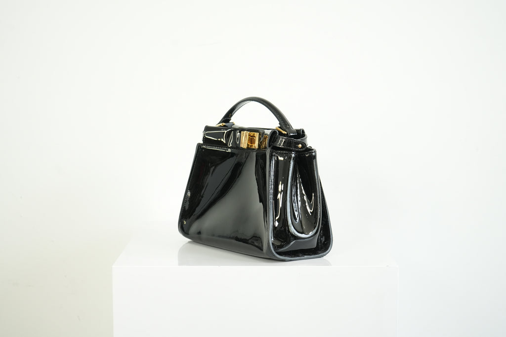 Fendi Mini Peekaboo Black Patent Leather Handbag Gold Hardware
