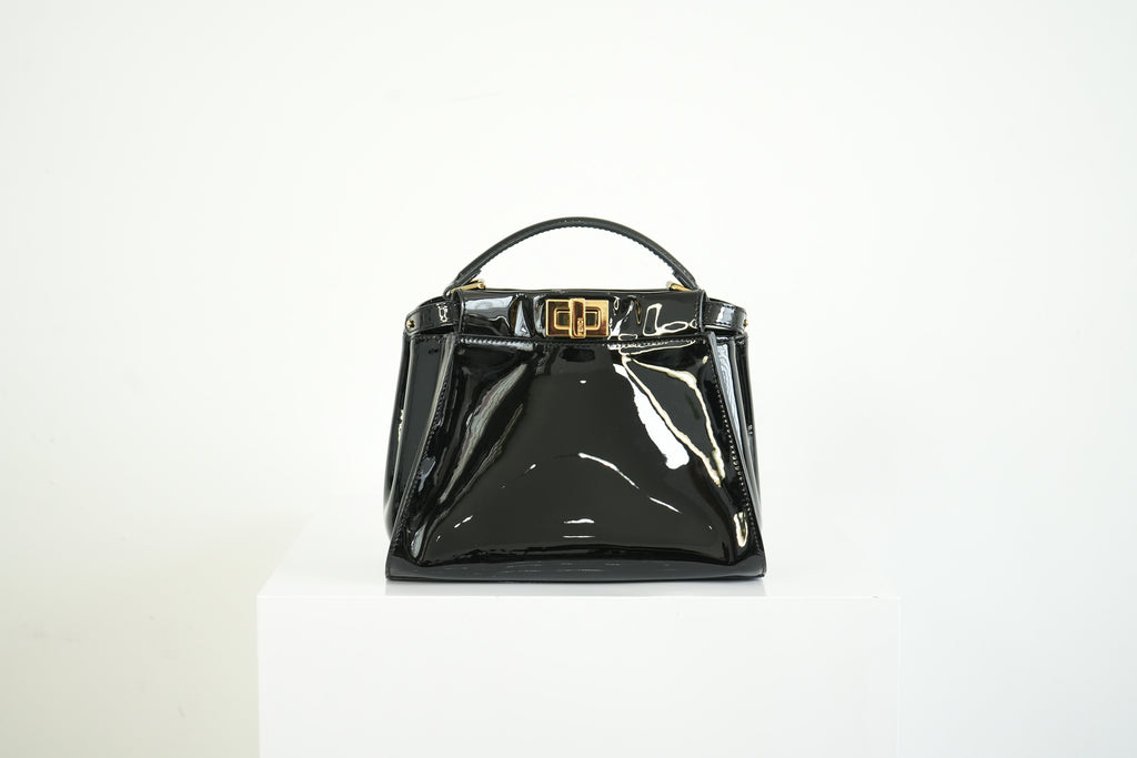 Fendi Mini Peekaboo Black Patent Leather Handbag Gold Hardware