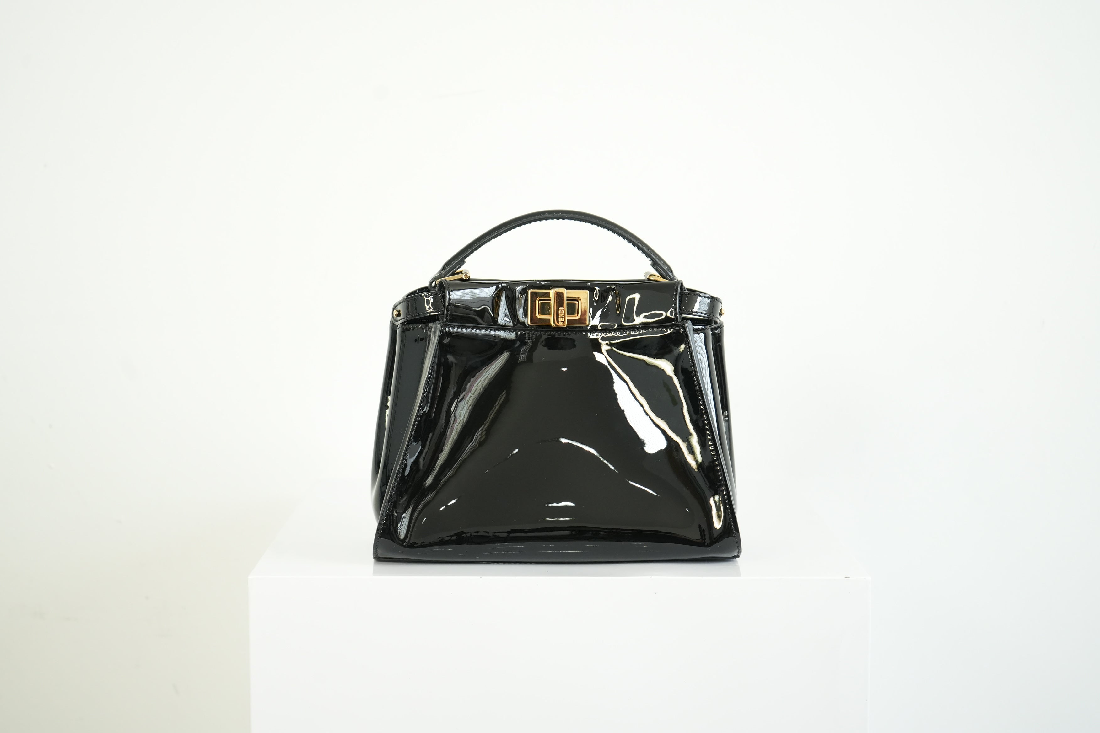 Fendi Mini Peekaboo Black Patent Leather Handbag Gold Hardware