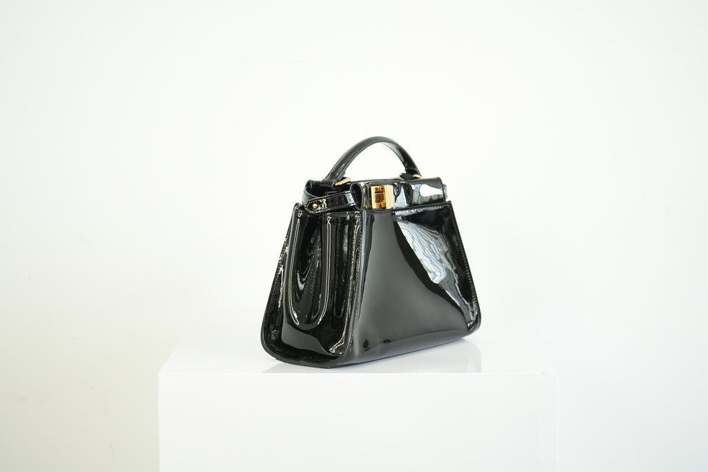 Fendi Mini Peekaboo Black Patent Leather Handbag Gold Hardware
