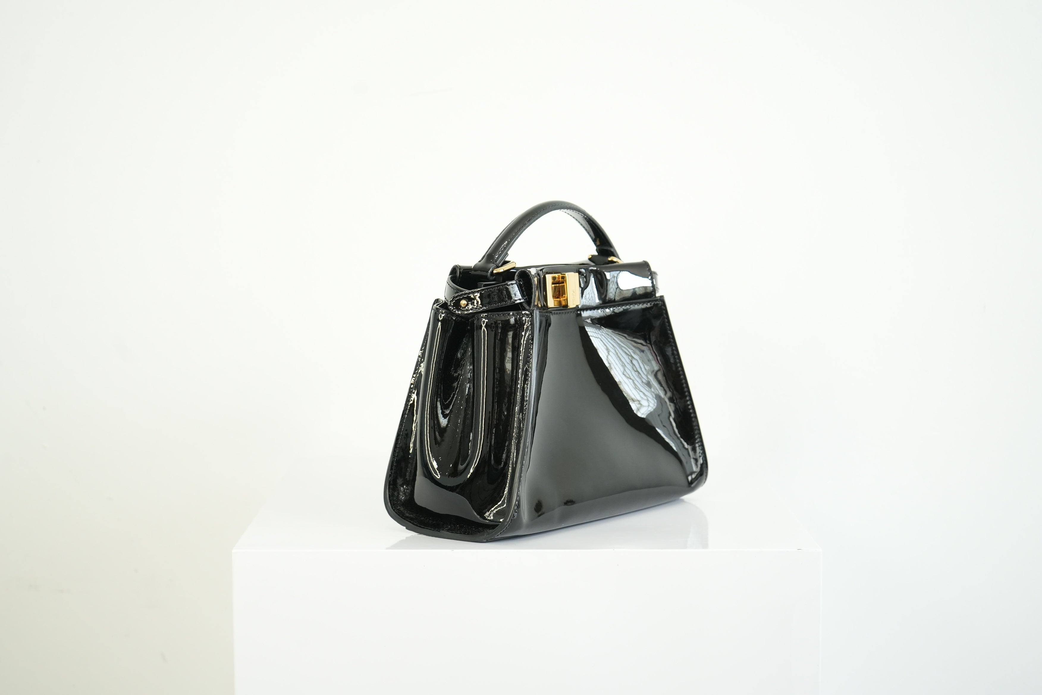 Fendi Mini Peekaboo Black Patent Leather Handbag Gold Hardware