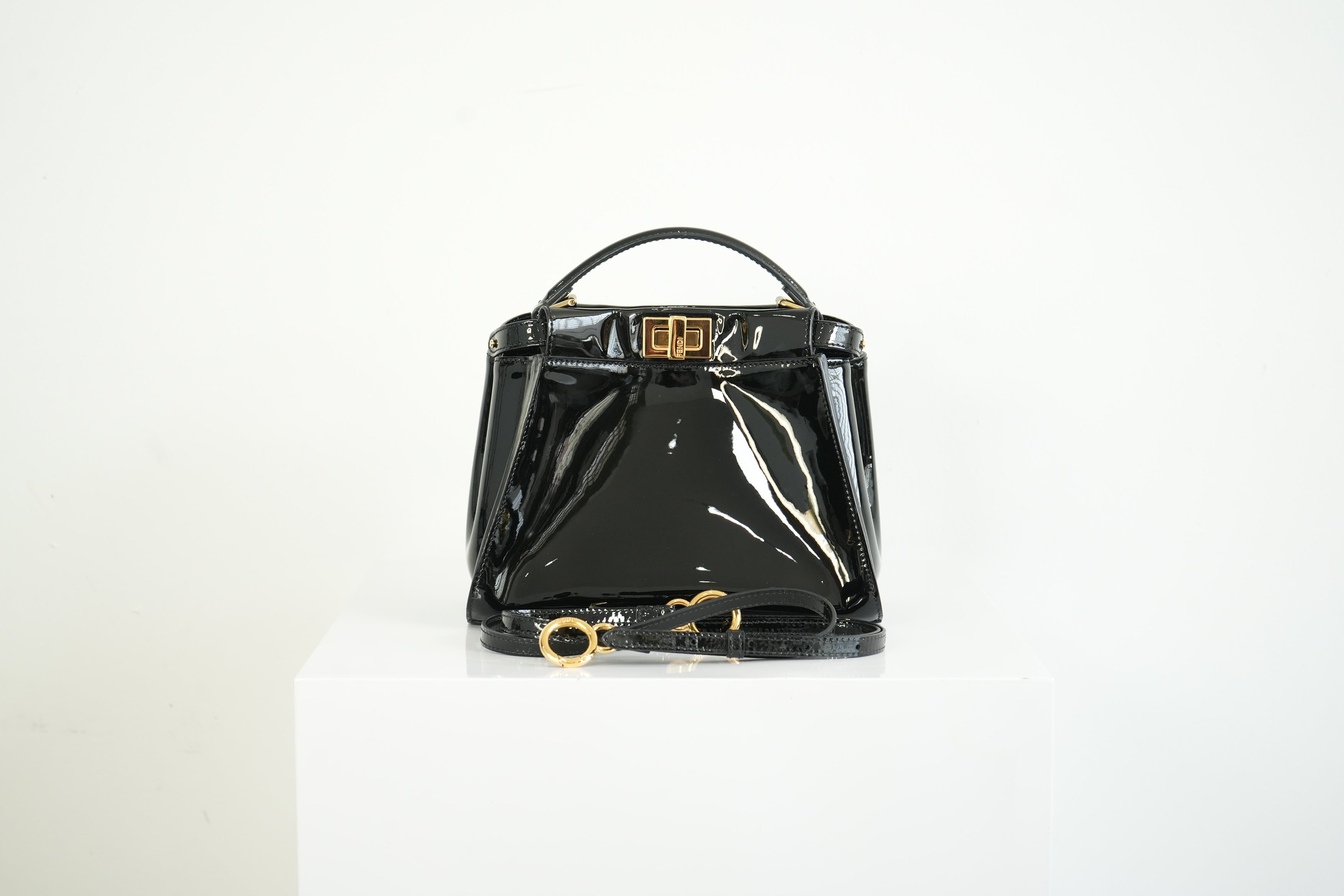Fendi Mini Peekaboo Black Patent Leather Handbag Gold Hardware