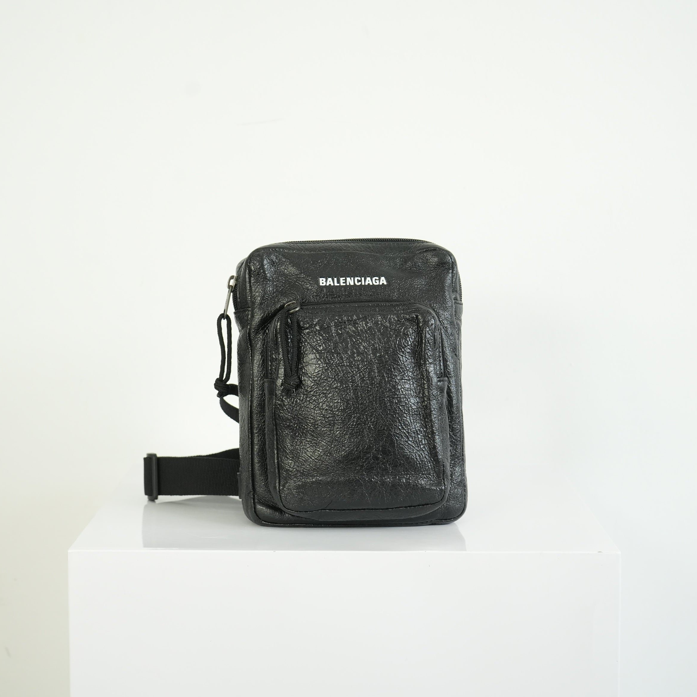 Balenciaga Black Crinkled Leather Crossbody Messenger Bag Explorer Pouch