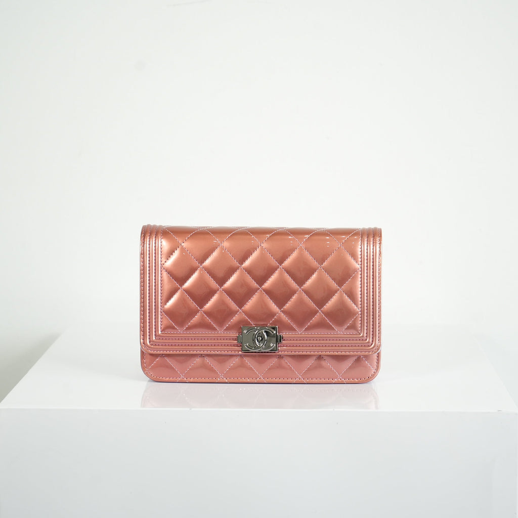 Chanel Boy Bag Metallic Pink Patent Leather Shoulder Clutch WOC