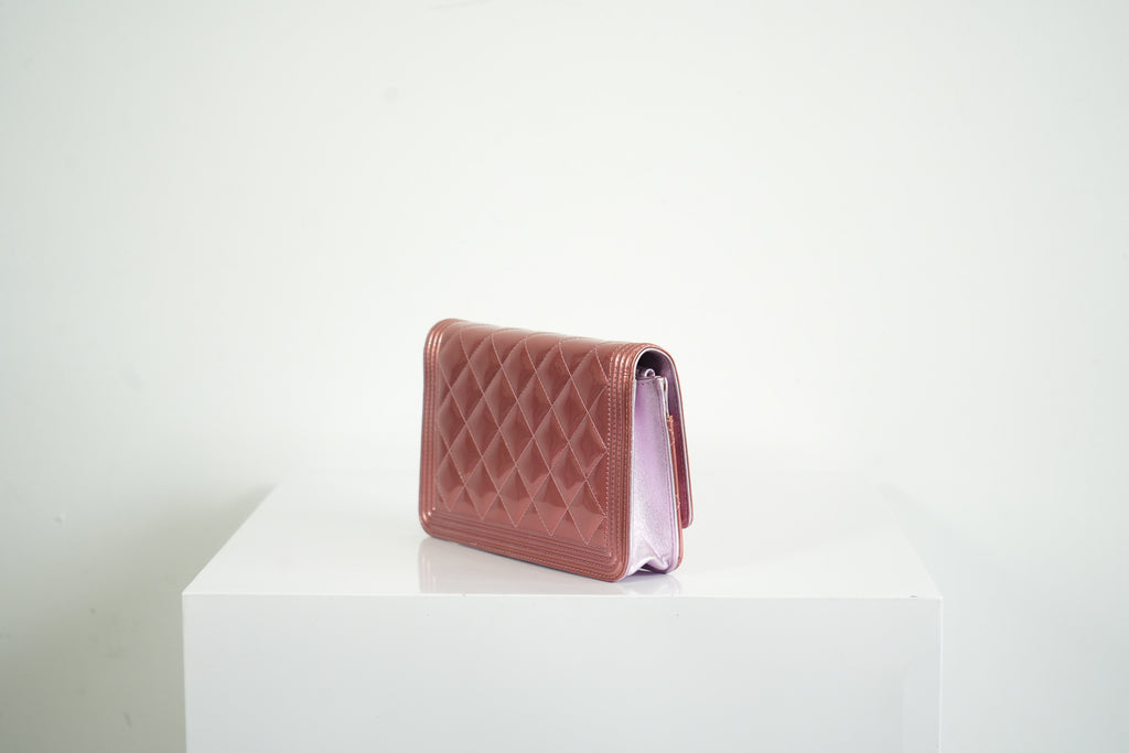 Chanel Boy Bag Metallic Pink Patent Leather Shoulder Clutch WOC
