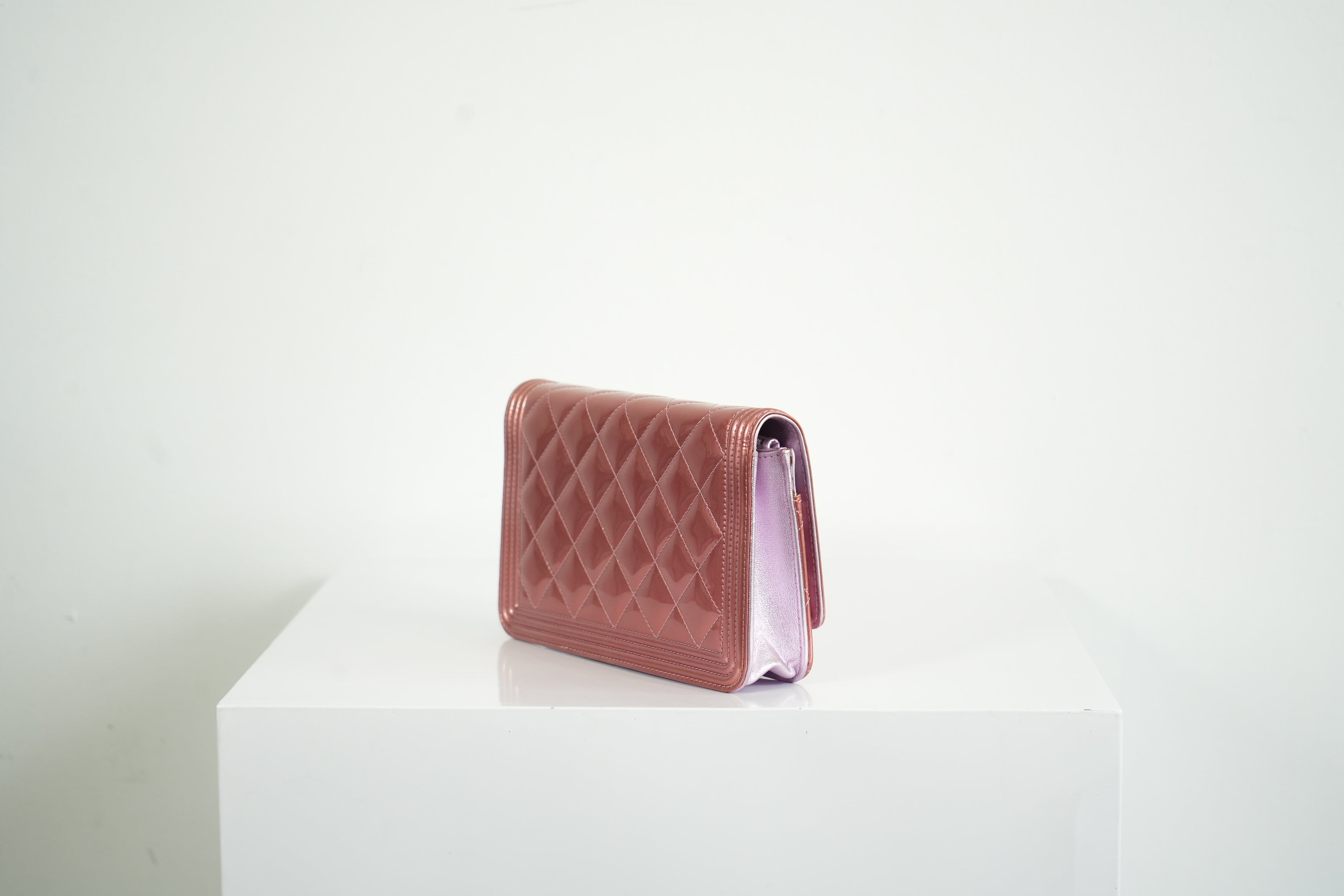 Chanel Boy Bag Metallic Pink Patent Leather Shoulder Clutch WOC
