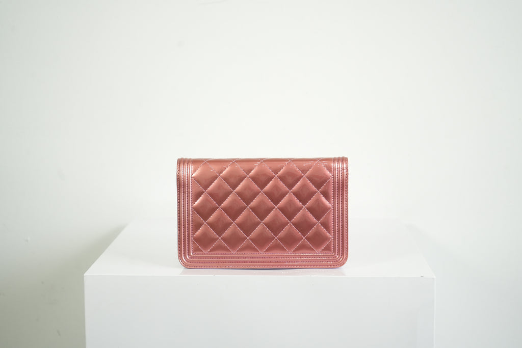 Chanel Boy Bag Metallic Pink Patent Leather Shoulder Clutch WOC