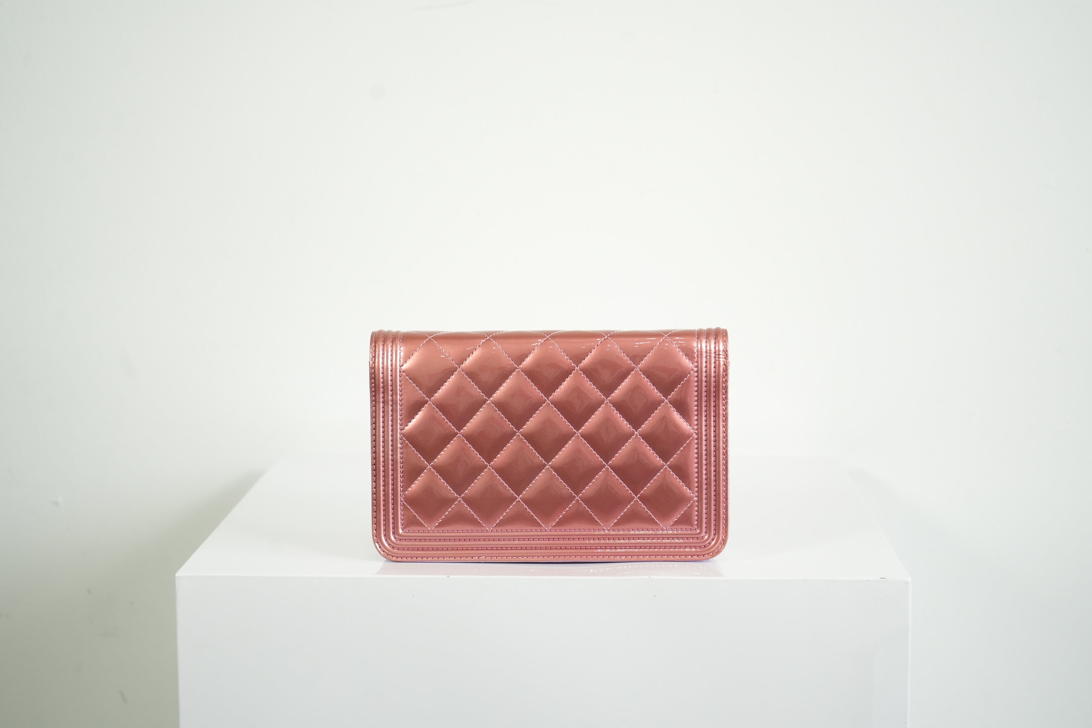 Chanel Boy Bag Metallic Pink Patent Leather Shoulder Clutch WOC