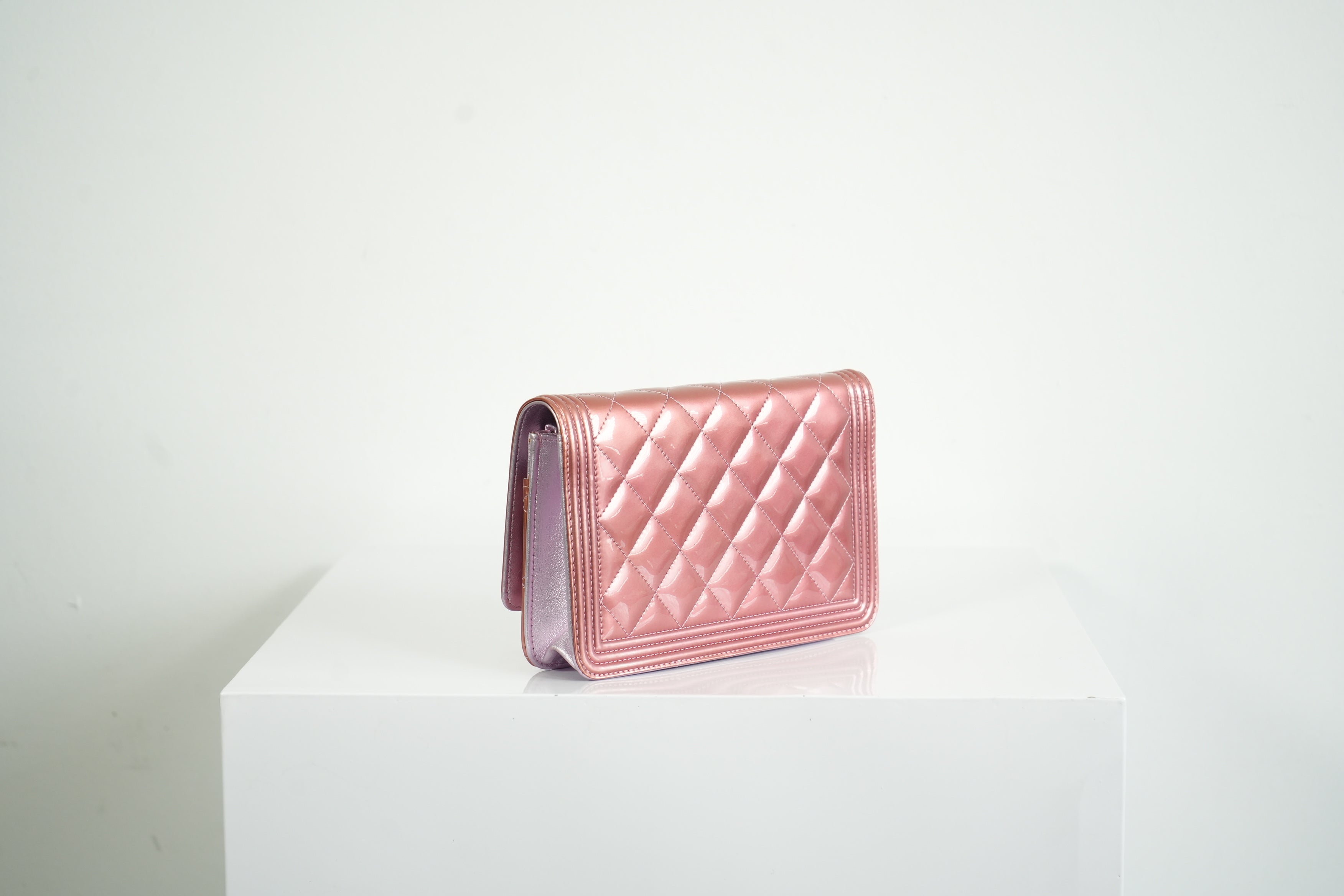 Chanel Boy Bag Metallic Pink Patent Leather Shoulder Clutch WOC