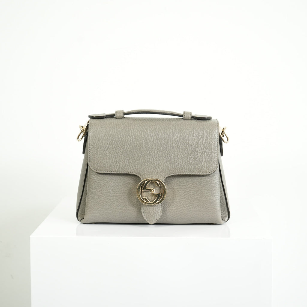 Gucci Interlocking G Grey Pebbled Leather Top Handle Crossbody Bag