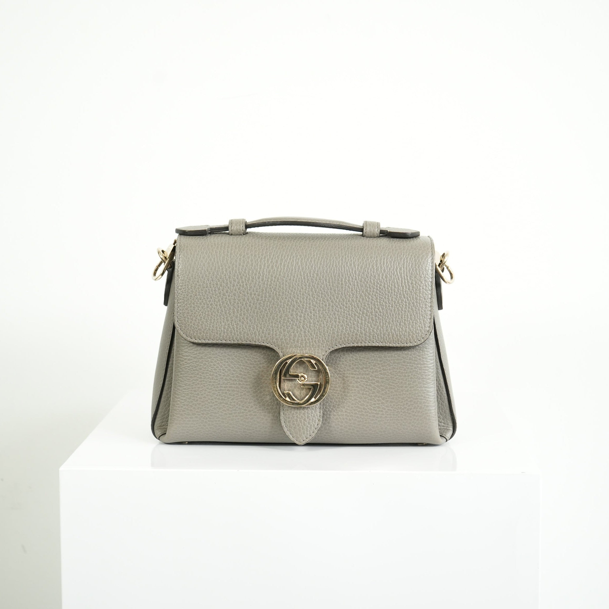 Gucci Interlocking G Grey Pebbled Leather Top Handle Crossbody Bag