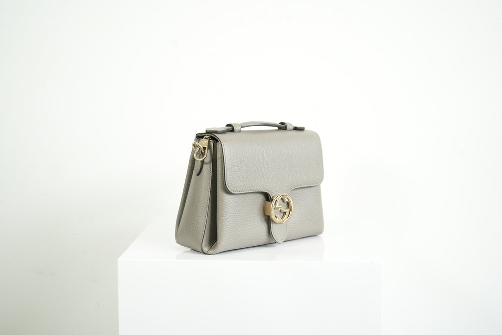 Gucci Interlocking G Grey Pebbled Leather Top Handle Crossbody Bag