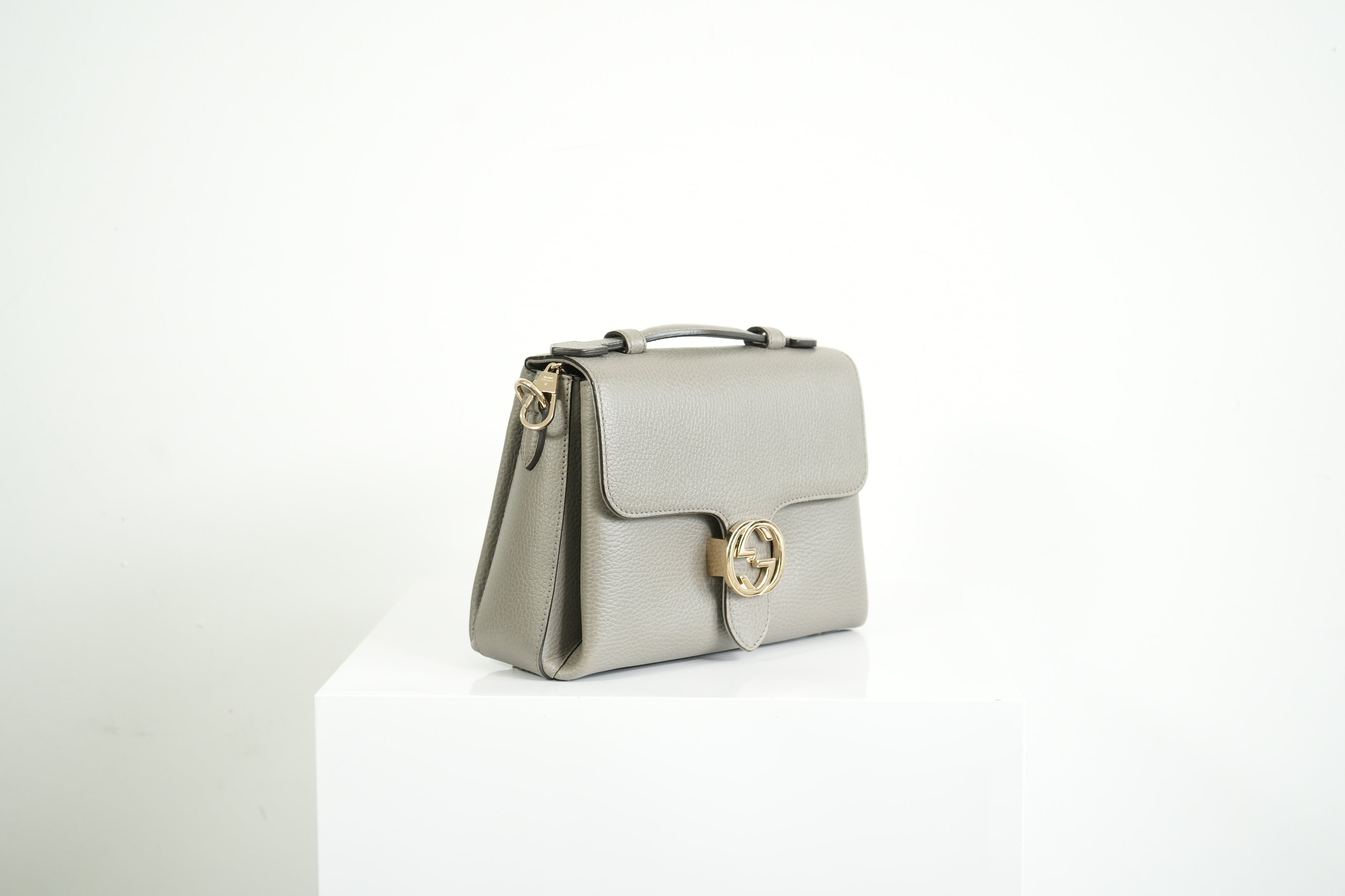 Gucci Interlocking G Grey Pebbled Leather Top Handle Crossbody Bag