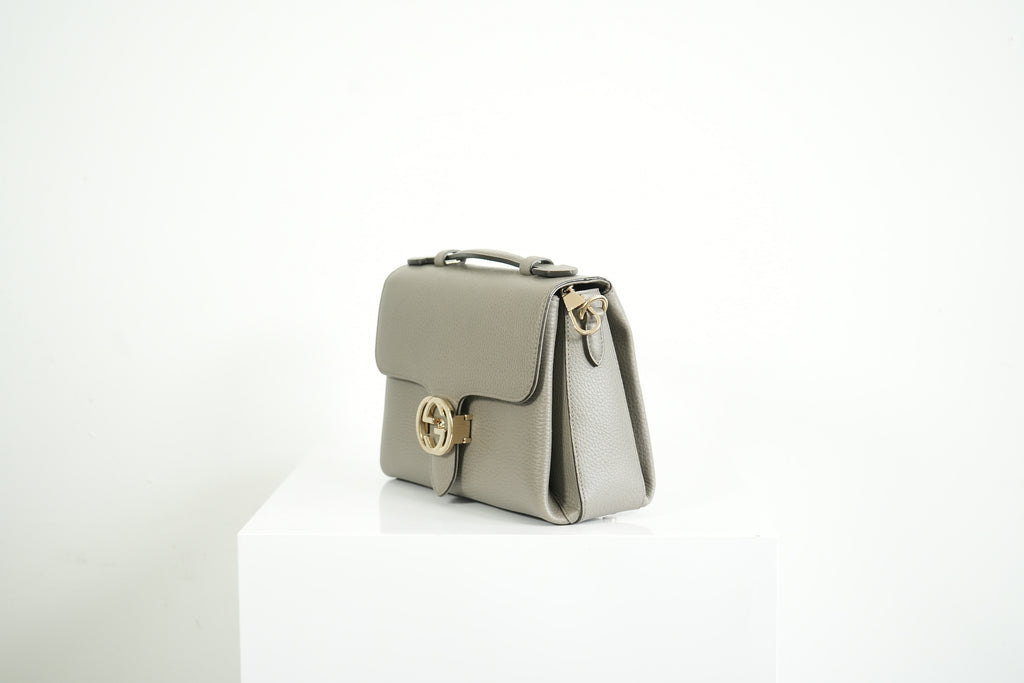 Gucci Interlocking G Grey Pebbled Leather Top Handle Crossbody Bag