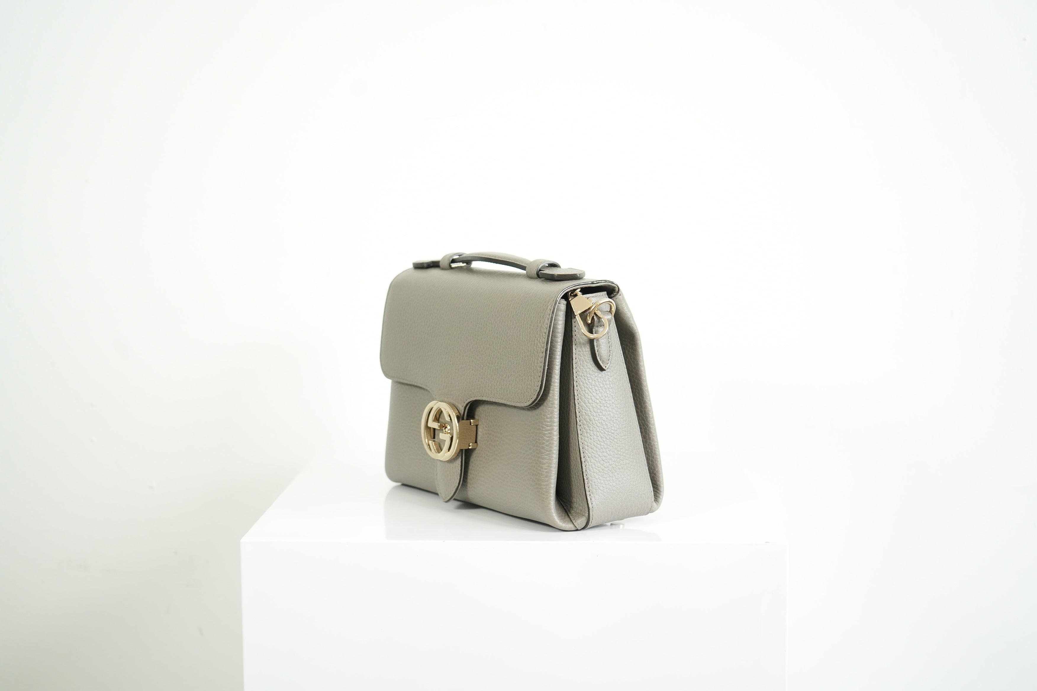 Gucci Interlocking G Grey Pebbled Leather Top Handle Crossbody Bag