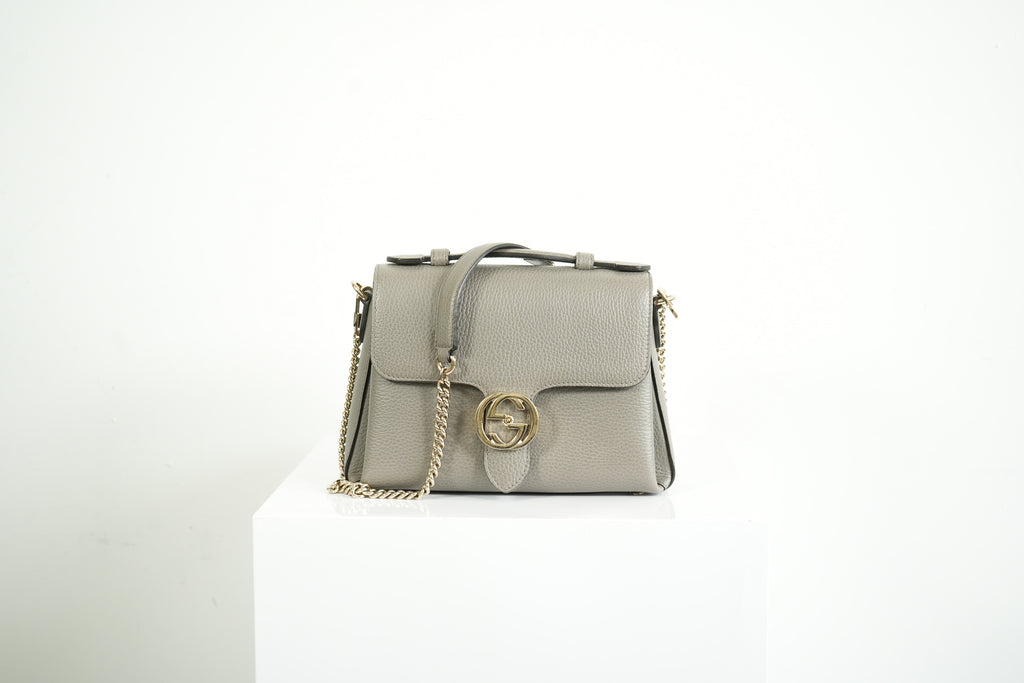 Gucci Interlocking G Grey Pebbled Leather Top Handle Crossbody Bag