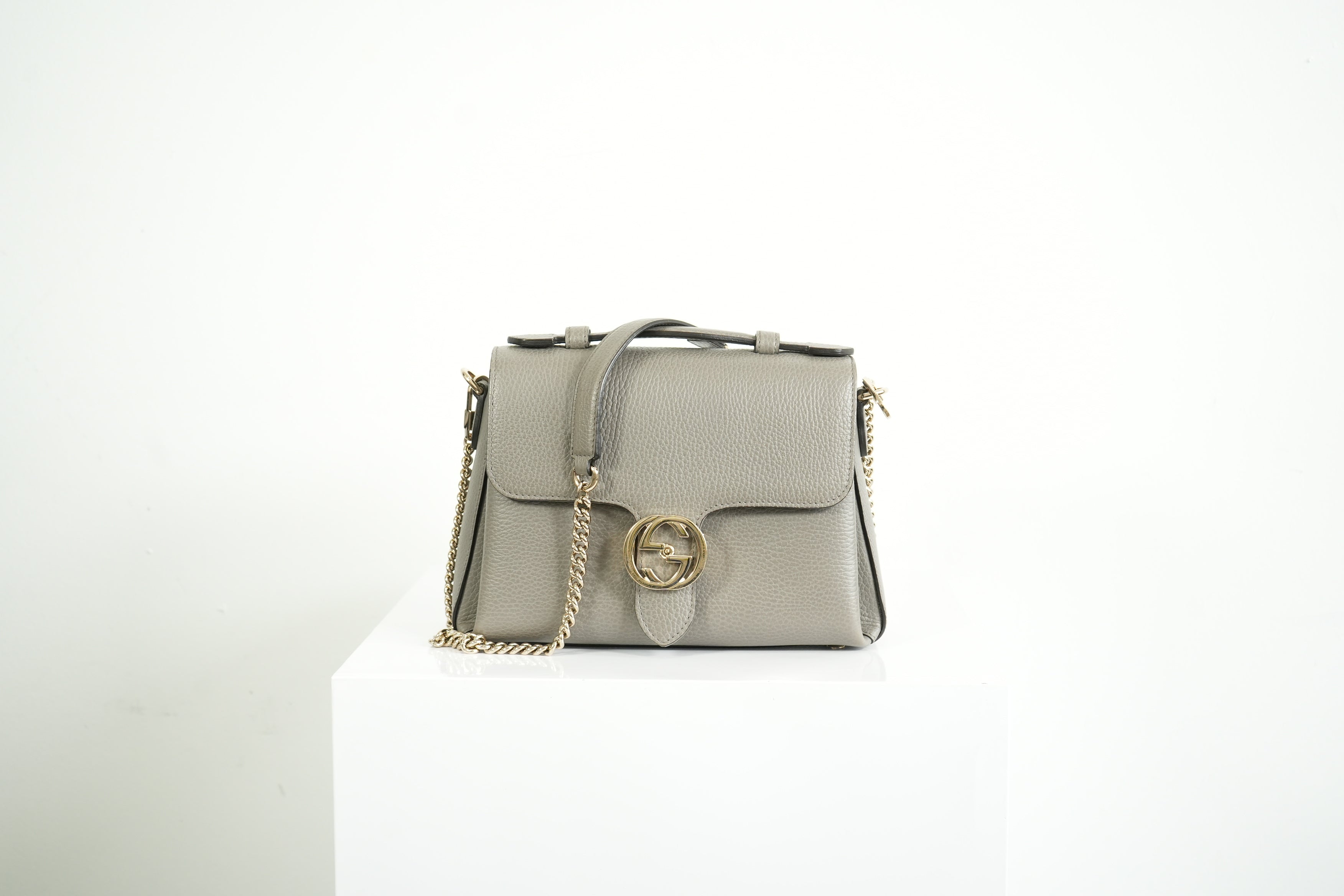 Gucci Interlocking G Grey Pebbled Leather Top Handle Crossbody Bag